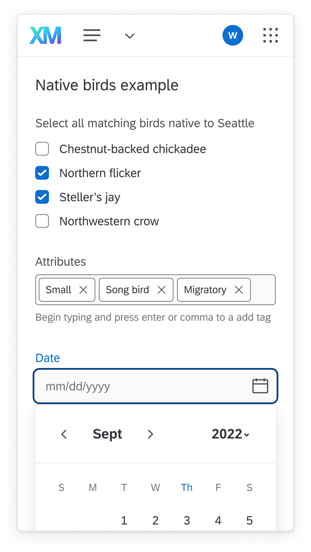 An example of a made up interface in a window that is 320px wide.  This interface has checkboxes, multi-select inputs, and a calendar, asking for information about native birds in Seattle.
