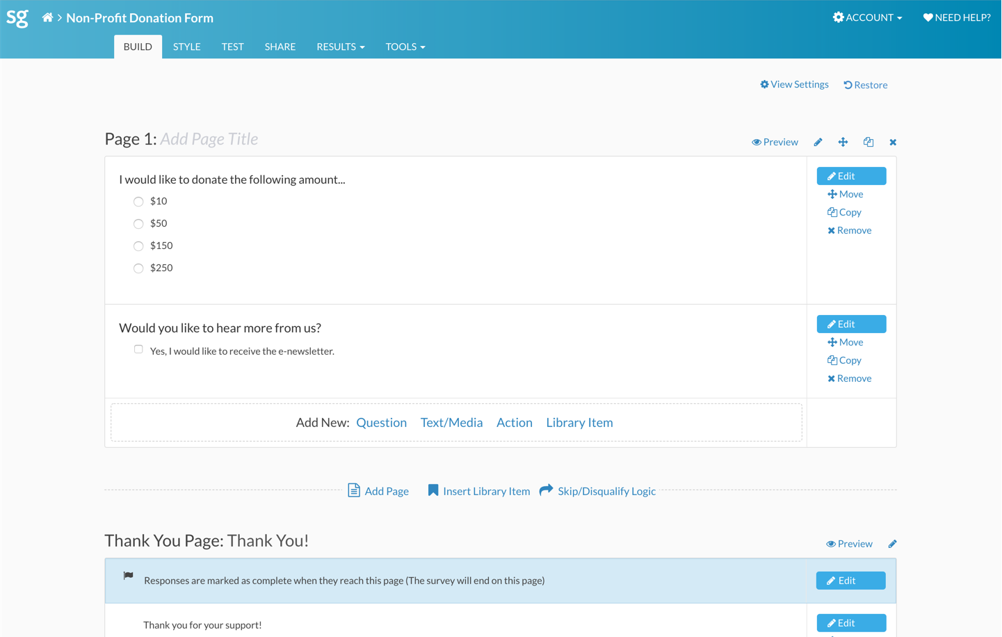 A website interface dominated by clean shapes and professional colors.   This screen is a survey editing interface.