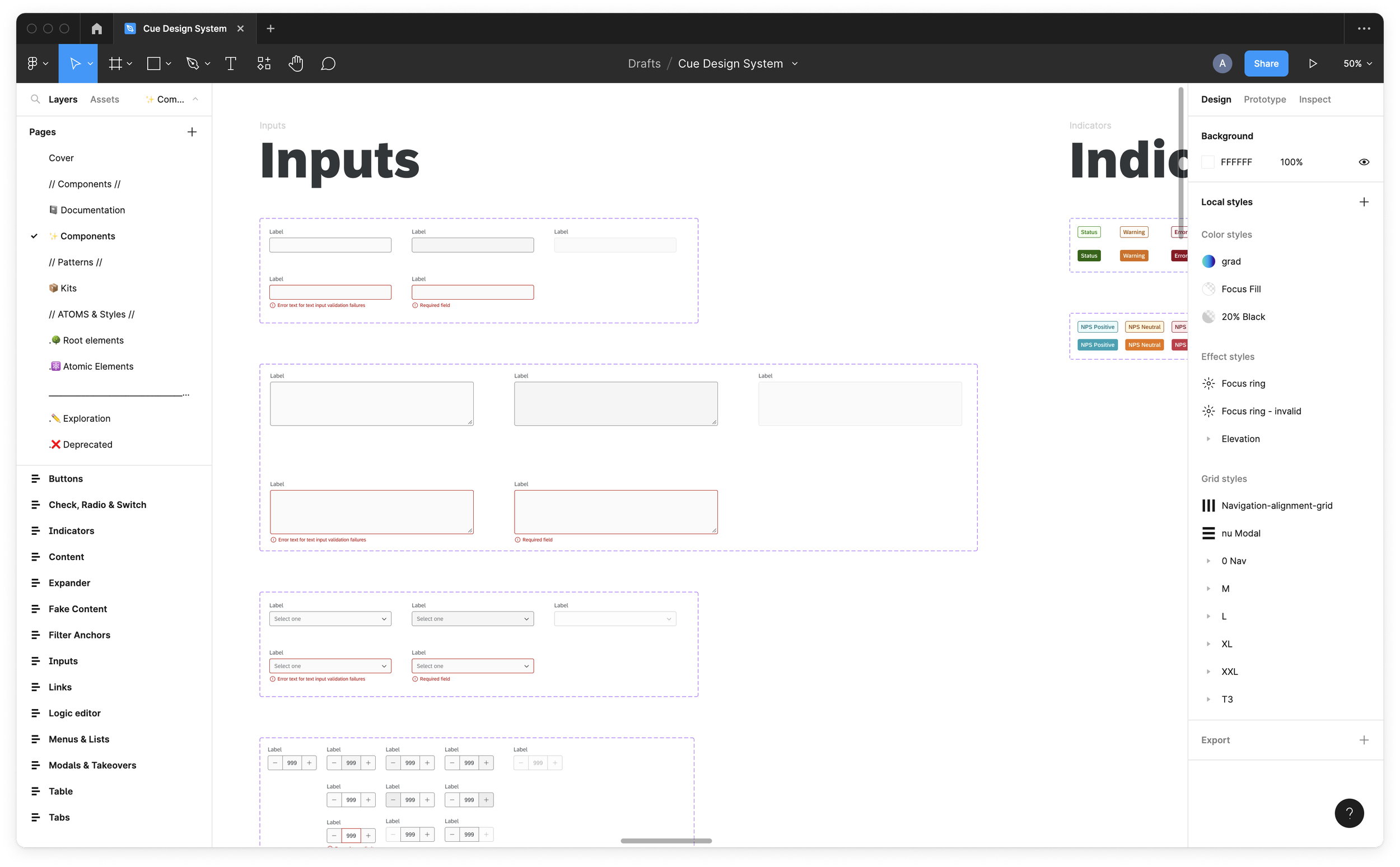 Screenshot of the design software, Figma, showing the Qualtrics design library.  In the left sidebar is a list of pages and layers that outline the organization of the file.  The main canvas shows several component groups of different inputs.