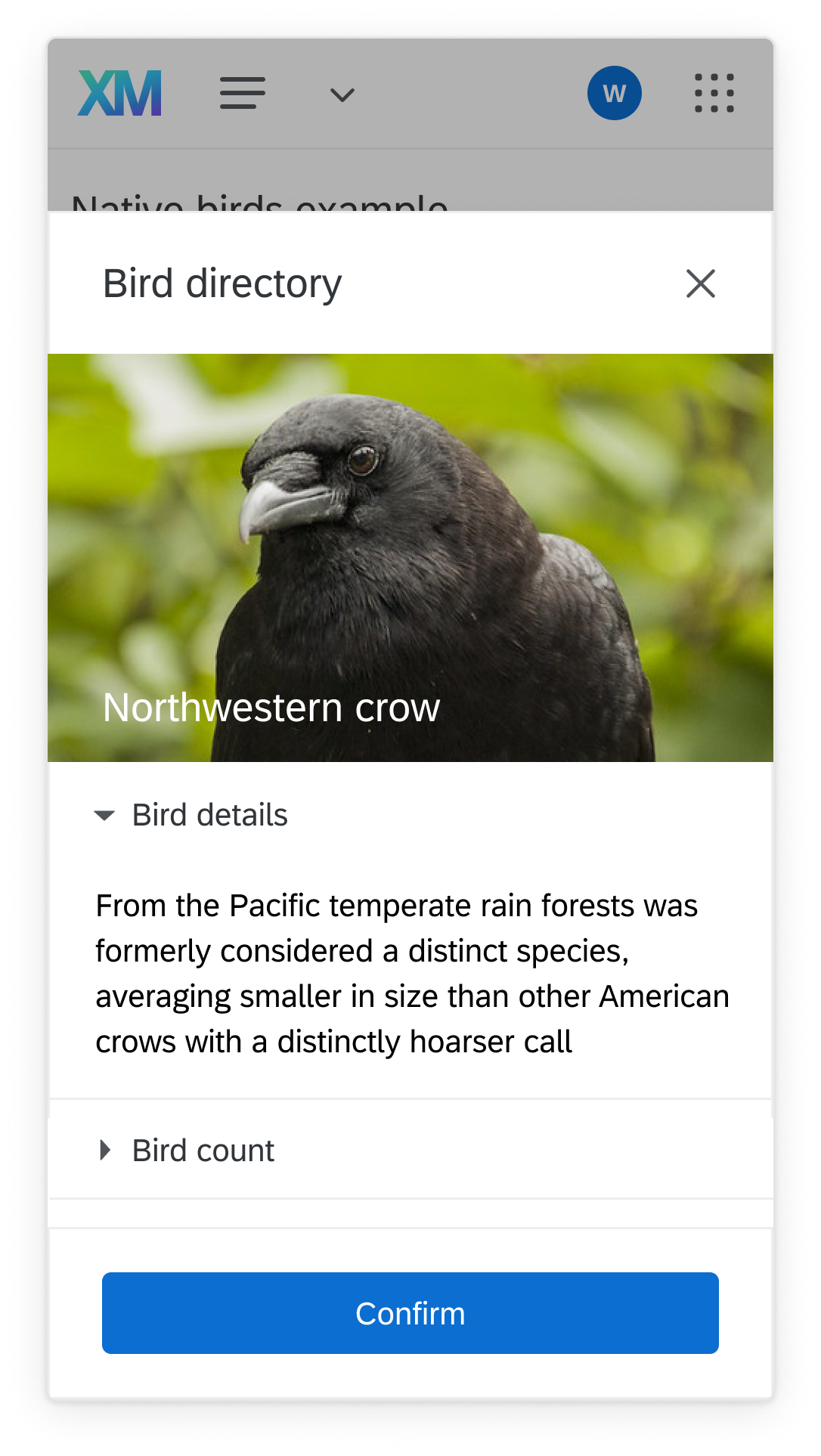 An example of a made up interface in a window that is 320px wide.  This interface is showing a modal and content expander with information about the Northwestern Crow.