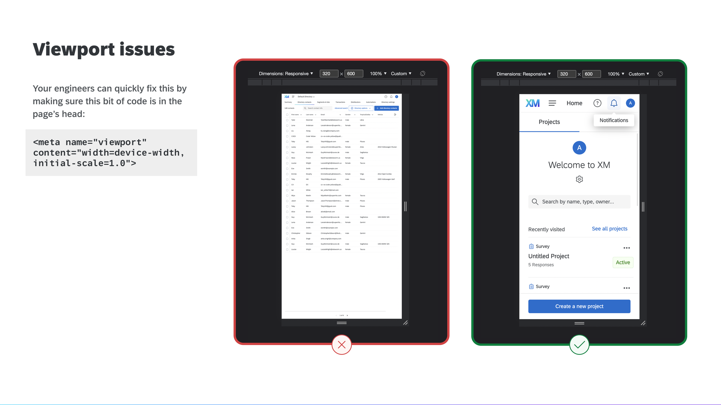 Presentation slide: showing a bug with site width when viewport width isn't set.