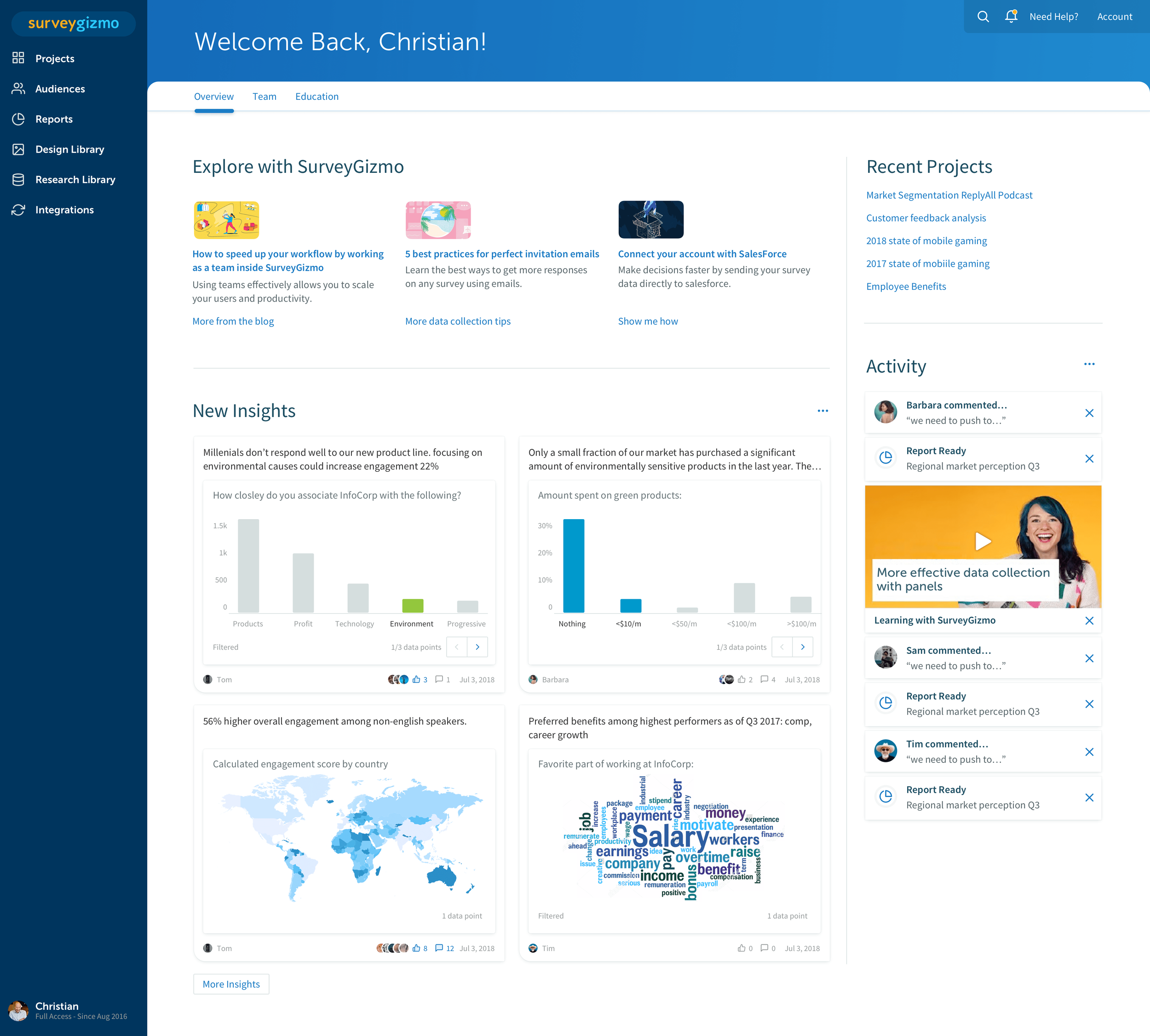 home page for surveygizmo showing many small charts and pieces of information