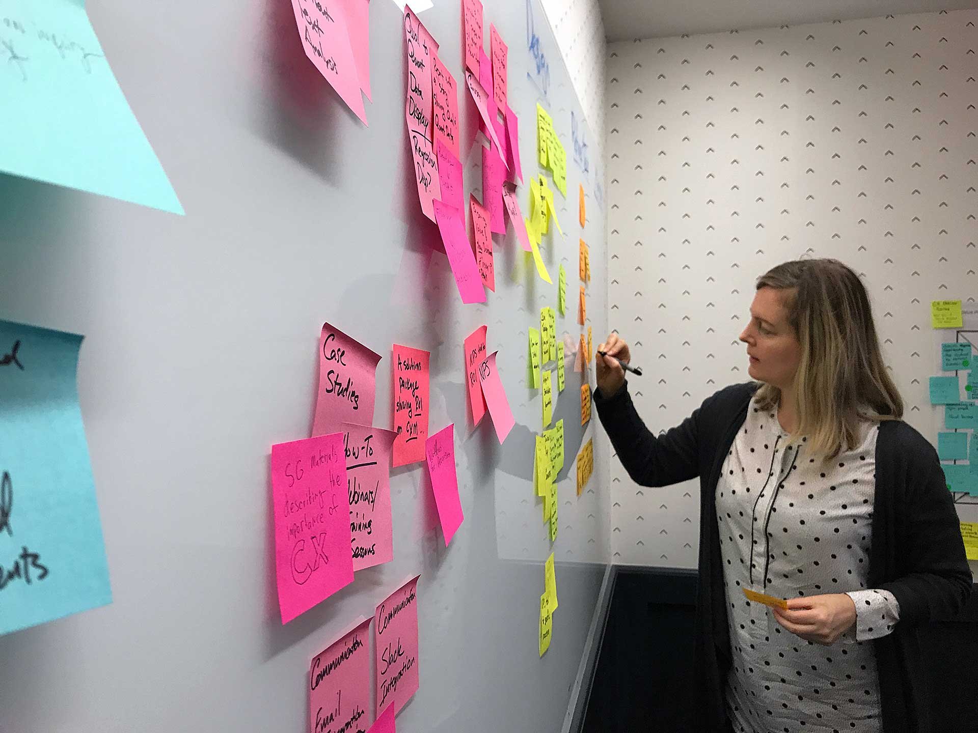 A designer in a nice office at a whiteboard writing on post-it notes.