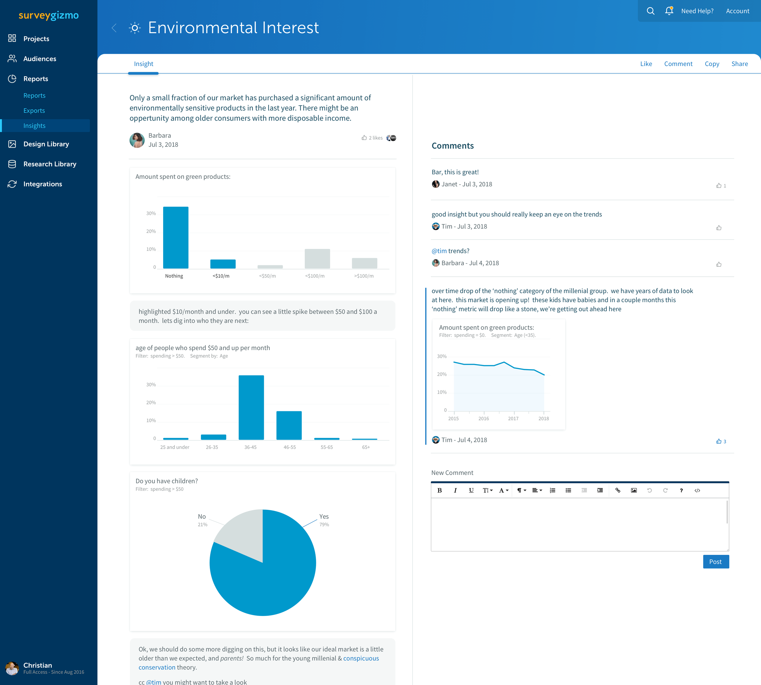 Survey reports page showing charts along side messages posted by coworkers