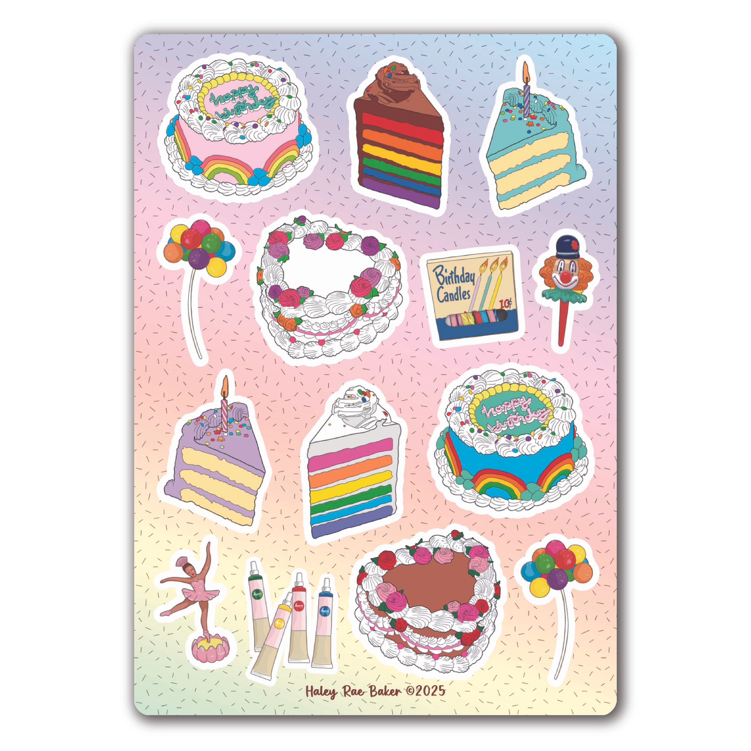 Frosted and Decorated Birthday Cakes Sticker Sheet, Vinyl, Rainbow, Glossy, Clown, Ballerina, Candles