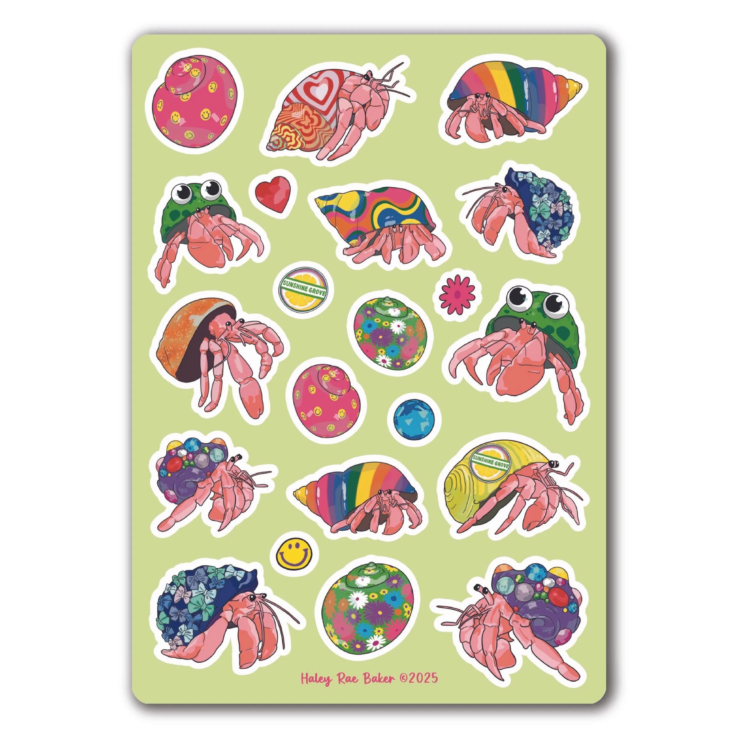 Bedazzled and Decorated Hermit Crabs Sticker Sheet, Vinyl, Rainbow, Glossy