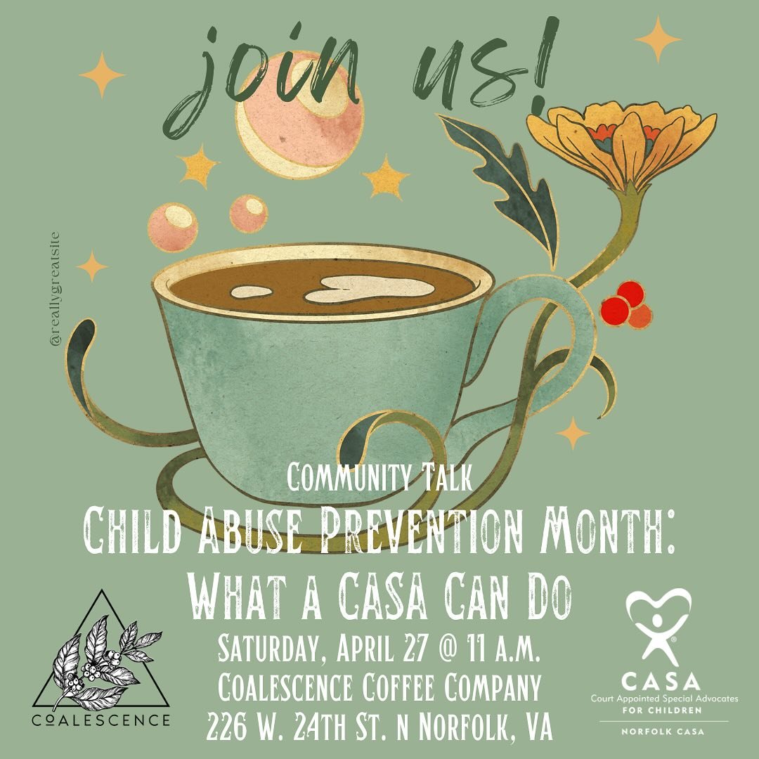 Join us for a Community Talk 🗣️ for Child Abuse Prevention Month: &ldquo;What A CASA Can Do&rdquo; this Saturday, 4/27 at 11am at Coalescence Coffee Company!

Free drip coffee for all attendees! ☕️ ❤️