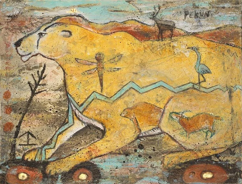 Pekun (Mountain Lion) By Jennifer Rugge 
Mixed media, papers, mineral paints, gold leaf, charcoal and cold wax. Collaboration with Nevada City Rancheria Spokesperson and Tribal Council Member Shelly Covert
___________________________________________
