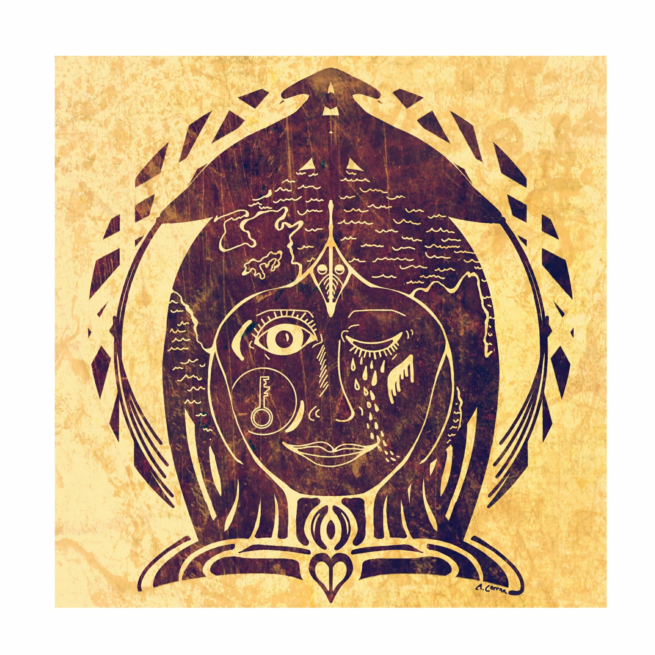 Mother With The Key by Andy Cerrona. Digital Sketch.
___________________________________________
This piece was sparked from a conversation with Shelly Covert about her experience of separation from place and earth that her Tribe experienced in the t