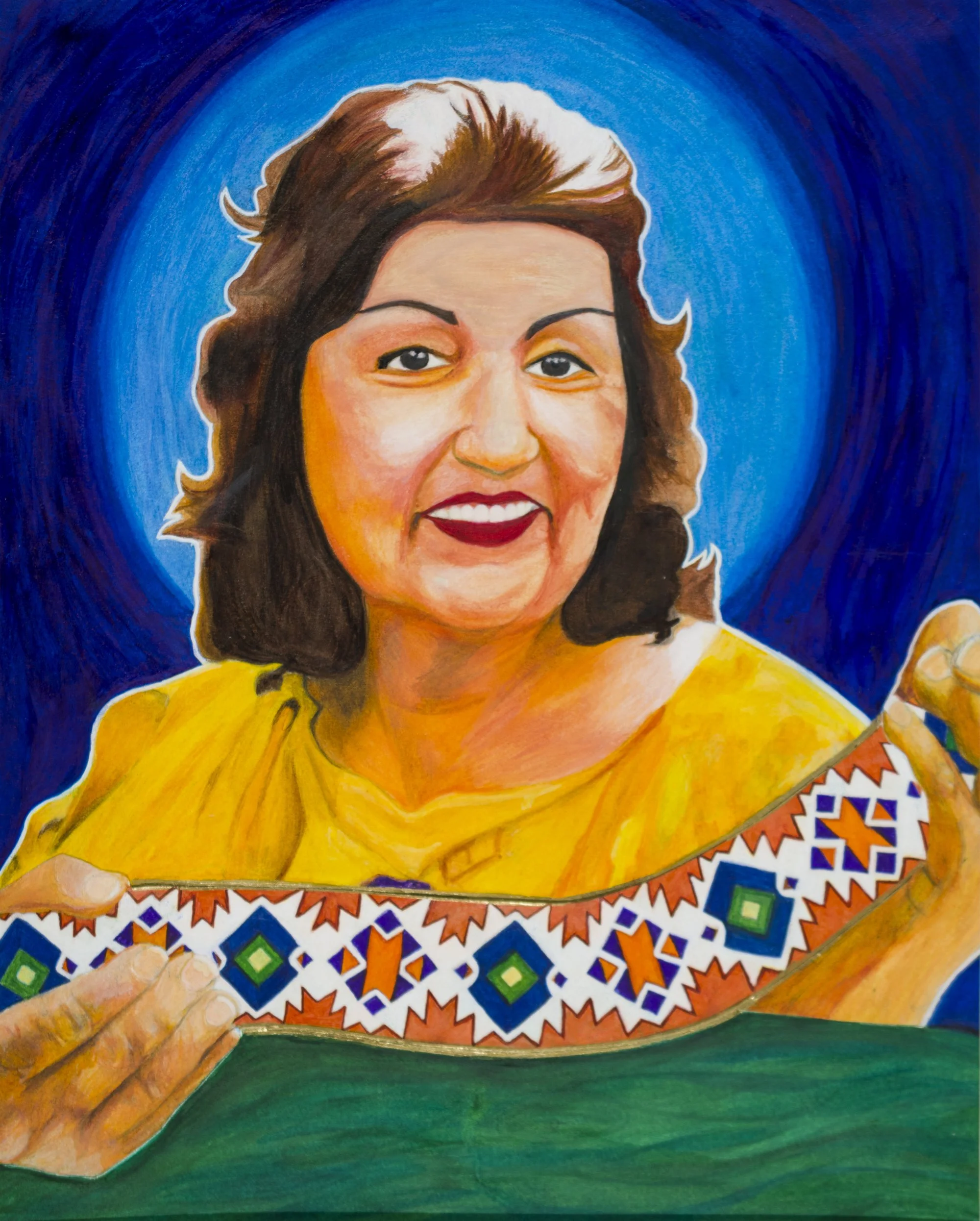 Carmel Rose Jackson, Restored. Alyssa Walz
Pencil, Colored pencil, Ink
___________________________________________
Featured in this image is Matriarch Carmel Rose Jackson b. 1921, photographed with a traditional Nisenan dancing belt wrapped around he
