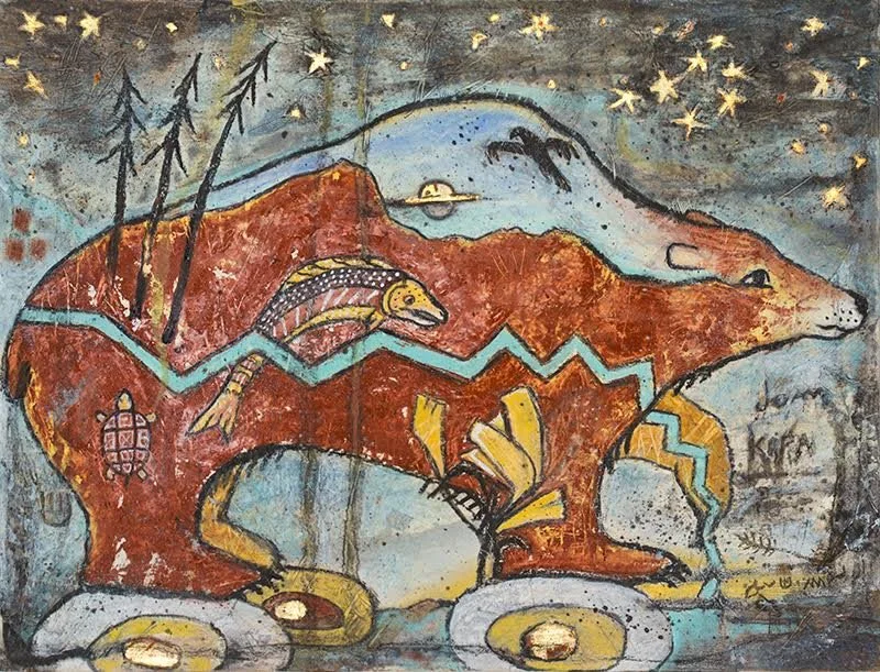 Kapa (Bear) By Jennifer Rugge 
Mixed media, papers, mineral paints, gold leaf, charcoal and cold wax. Collaboration with Nevada City Rancheria Spokesperson and Tribal Council Member Shelly Covert
___________________________________________
In the pai