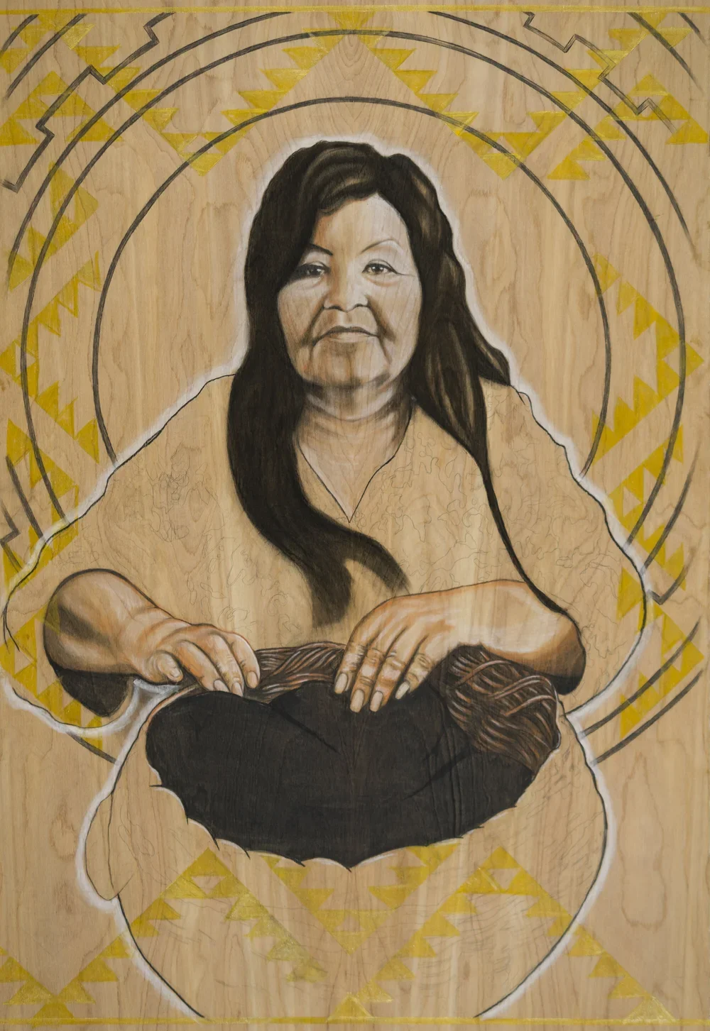 “BABE” - NISENAN/KONKOW BASKET WEAVER by Nikila Badua www.mamawisdom1.com 
Multimedia on wood.  Ink and Graphite mixed with pigments sourced from local materials - rocks from the Yuba River and charcoal from burned oak
_______________________________