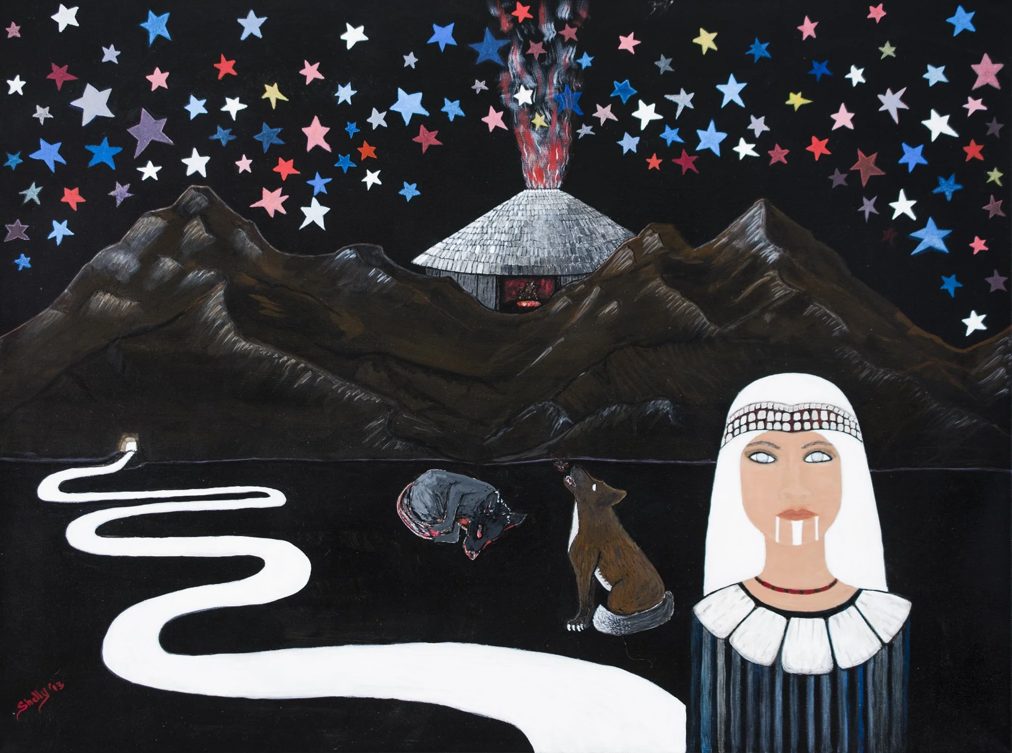 First Death by Shelly Covert, Nevada City Rancheria Nisenan Tribal Council Spokesperson. Acrylic on Canvas.
___________________________________________
It is said that when the Nisenan people were first on the earth they were not meant to die a perma