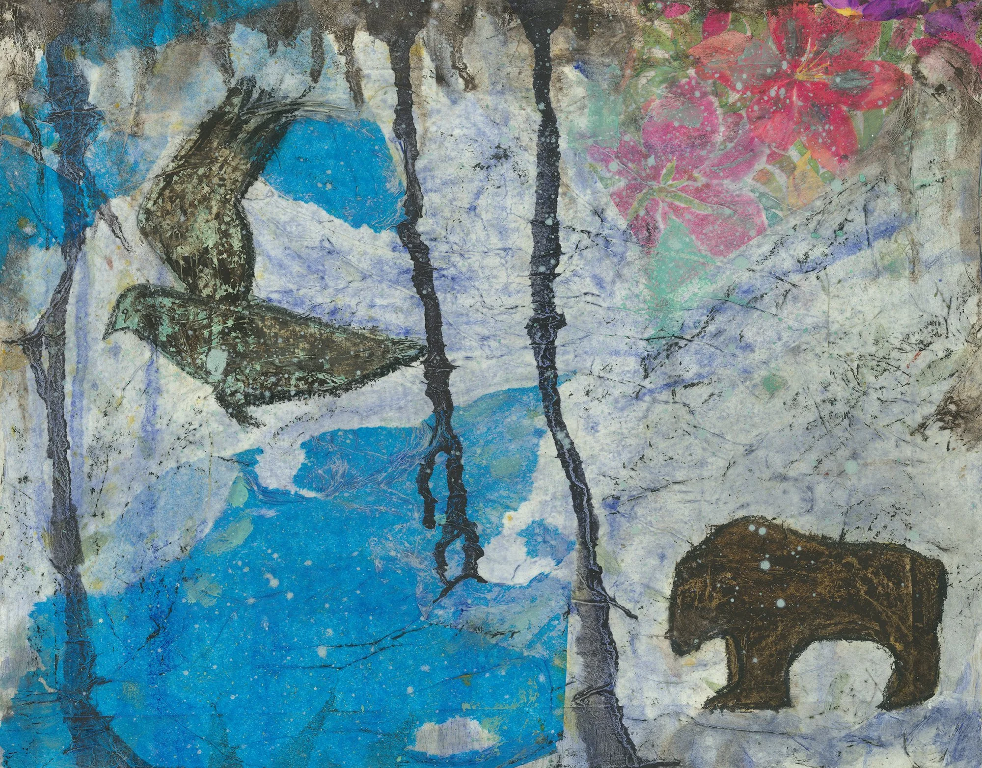 Earth Minerals in Painting, a Workshop with Tribal Members. Artwork by NCR Nisenan Tribal Member Lorena Davis. Mixed media using papers, charcoal, and mineral paints ___________________________________________ With Earth Artist, Jennifer Rugge, Triba