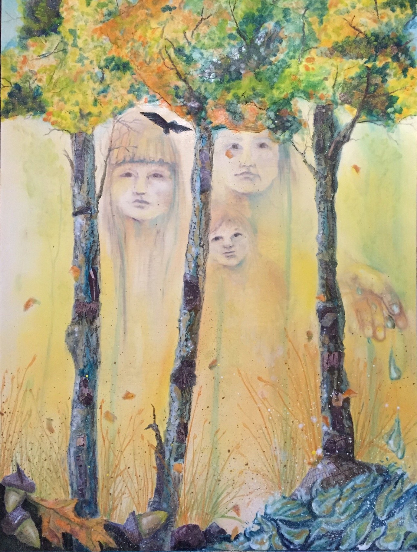 Hidden Voices by Jennifer Rugge jenniferrugge.com . Papers, photos, gold leaf and oil on wood. 
___________________________________________
Inspiration for this painting comes from the stories told by Richard Johnson, author of History of Us. The aco
