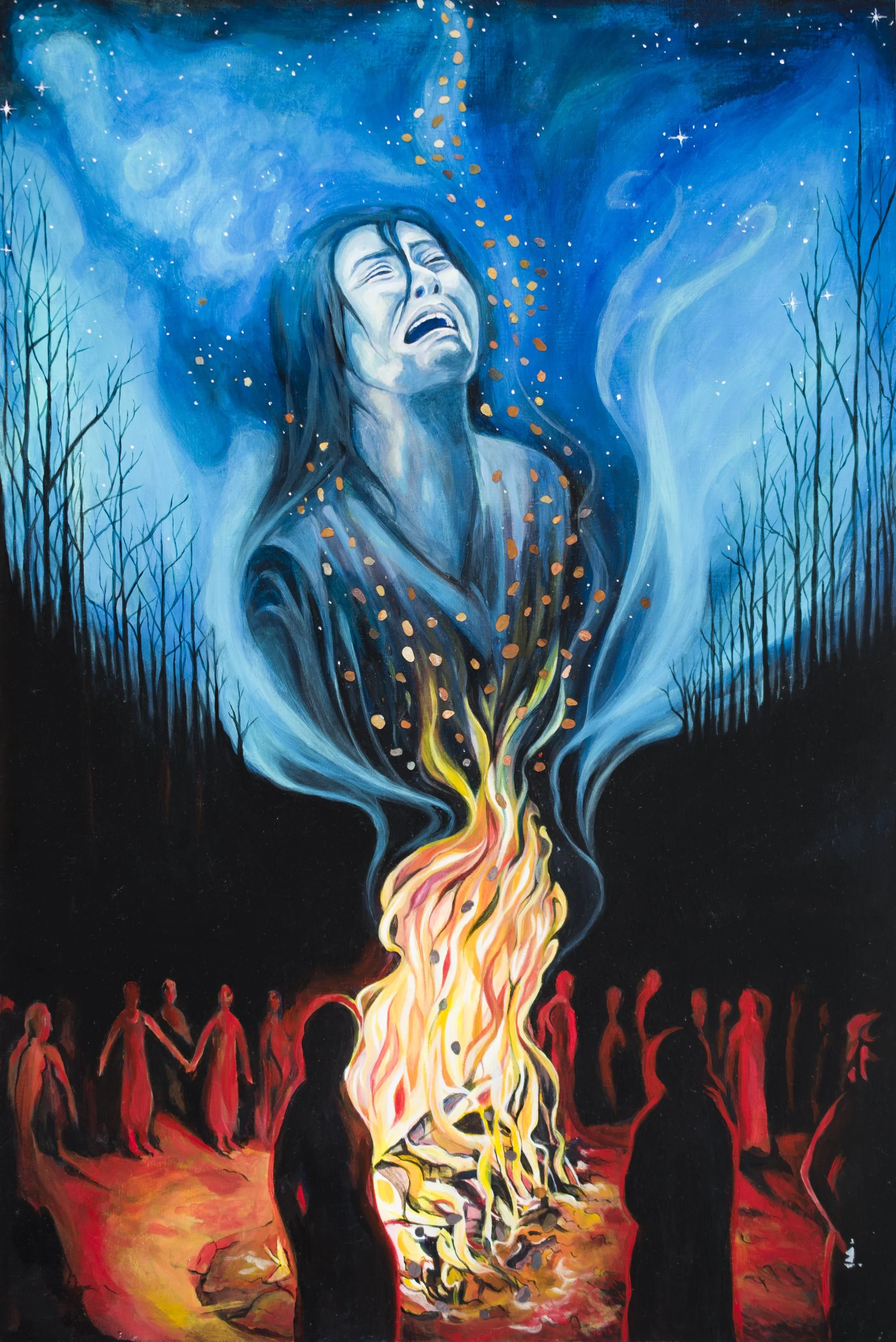 Ritual by Mira Clark. Acrylic on Wood with Stones.
___________________________________________
“The Nisenan people were a cremating society. Their ancient ritual of burning the dead dates back thousands of years and countless generations. Steeped in 