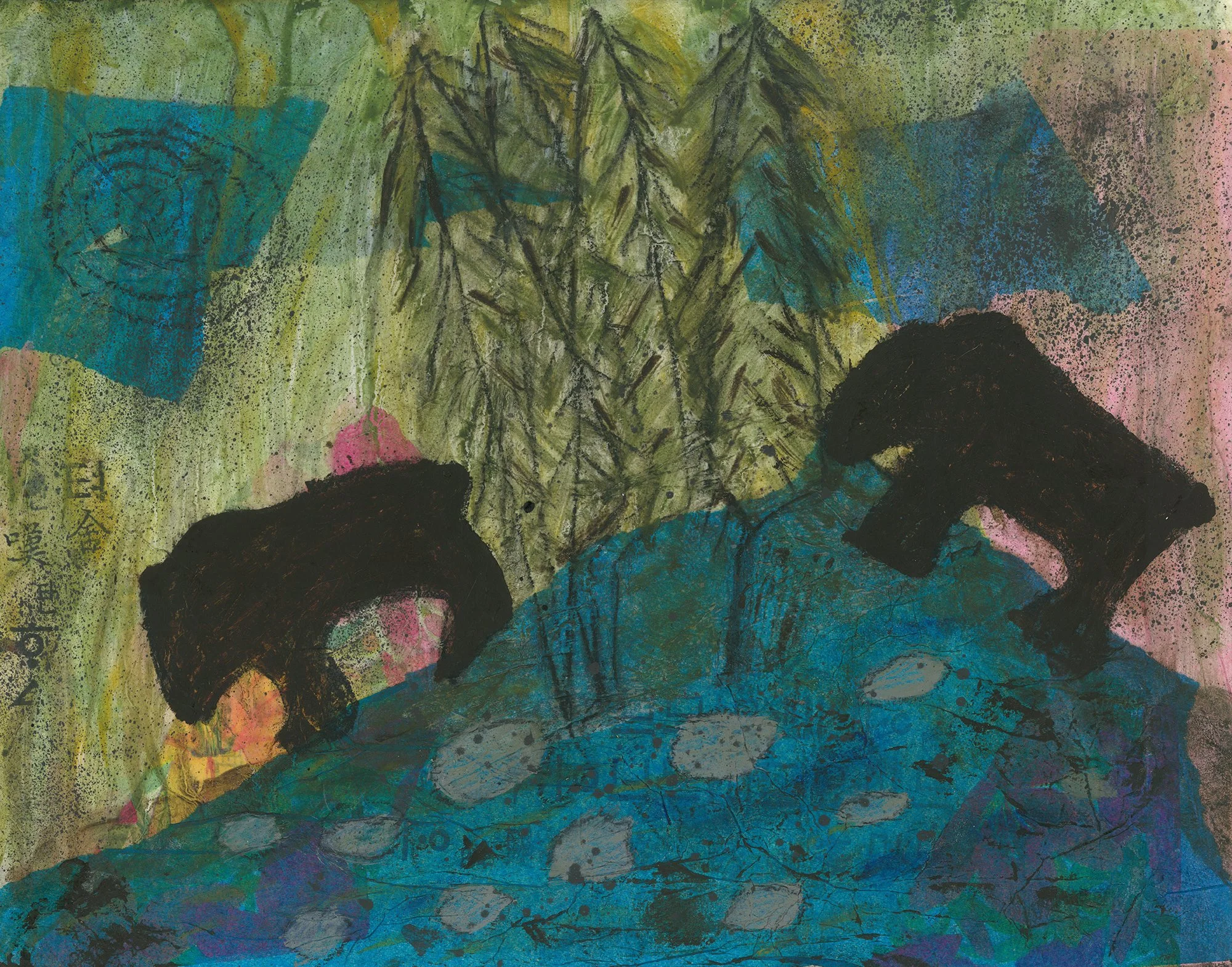 Earth Minerals in Painting, a Workshop with Tribal Members. Artwork by NCR Nisenan Tribal Member Sarah Thomas. Mixed media using papers, charcoal, and mineral paints ___________________________________________ With Earth Artist, Jennifer Rugge, Triba