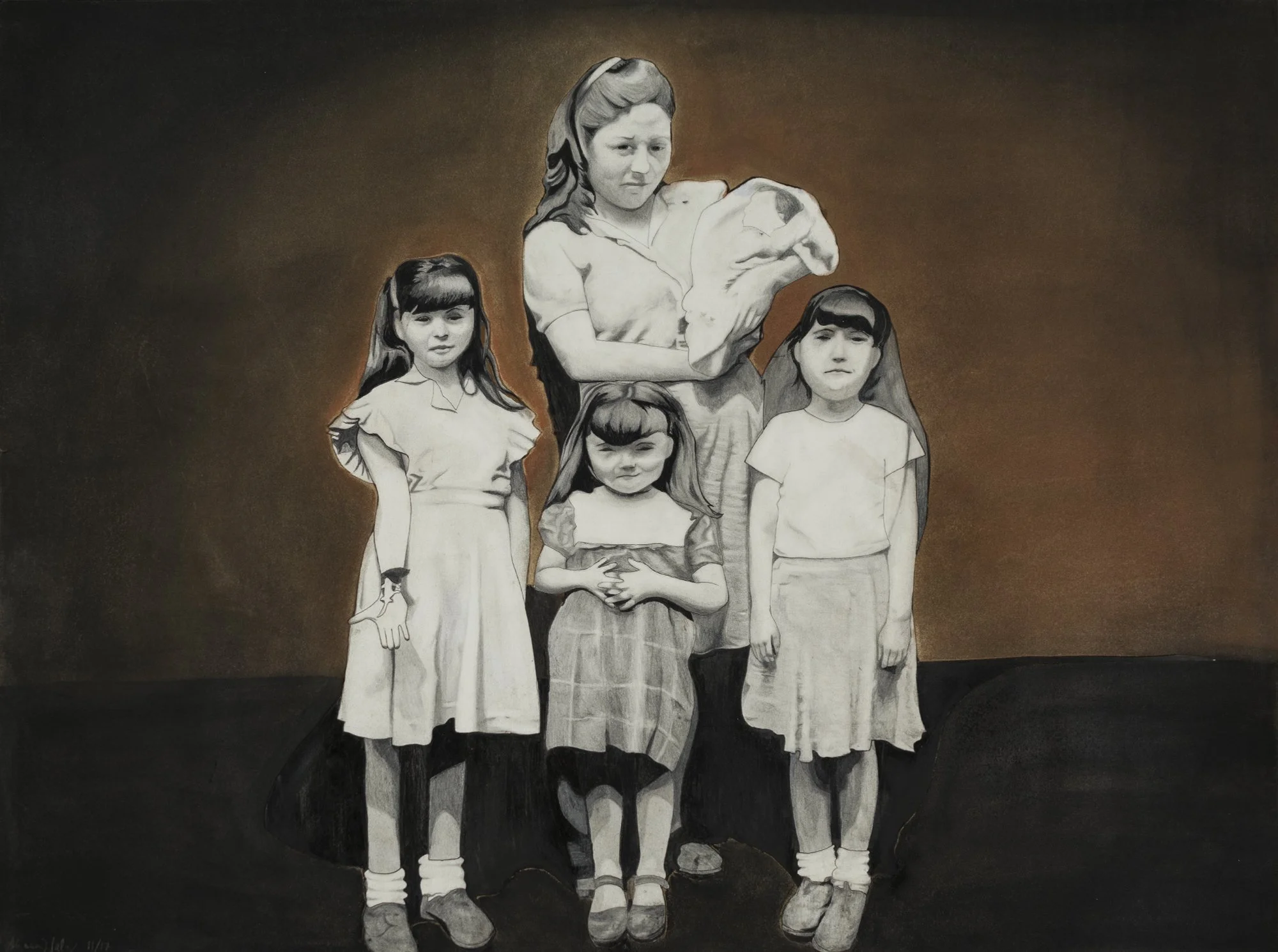 The Matriarch With Her Daughters by Alyssa Walz. Pencil, Charcoal, Pastel on Paper.
___________________________________________
“Pictured in this image are Carmel Rose Burrows and her eldest four daughters, Alberta ‘Birdie,’ Virginia ‘Ginger,’ Doris 