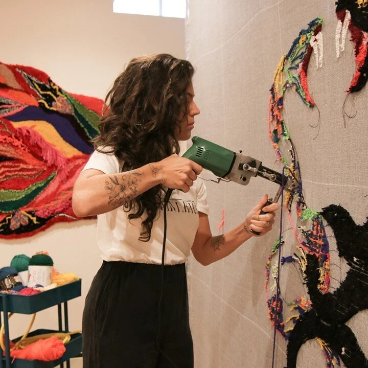 Tonight!! We will be hearing from our wonderful artist and member @anamafarina at 7:15 PM on IG Live for our #virtualvisit series 🌈
Ana Maria Farina paints with a gun&ndash;&ndash;a tufting gun&ndash;&ndash;along with needles, hooks, and kn