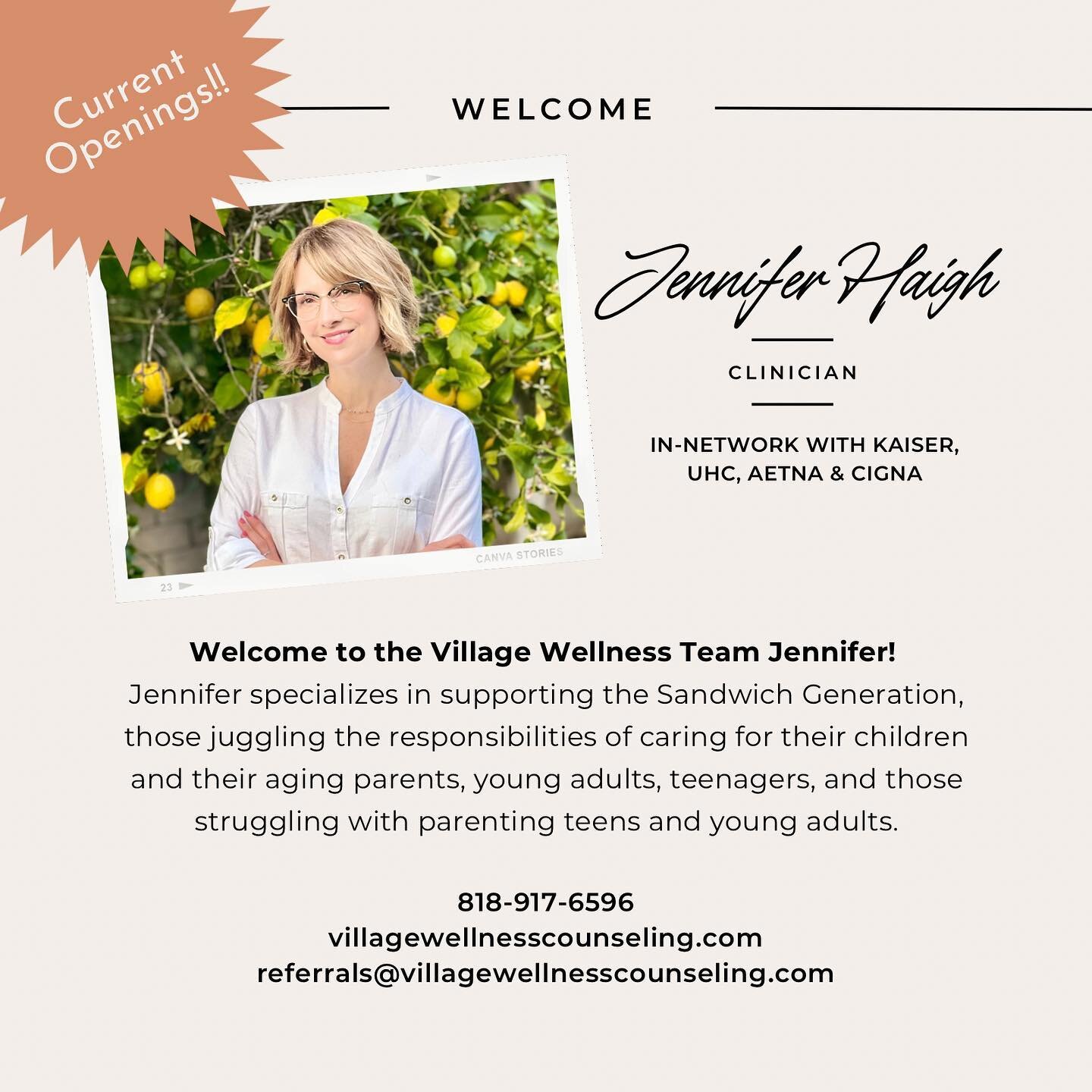 ✨WELCOME TO THE TEAM JENNIFER!!✨

We are so excited to welcome Jennifer Haigh to the Village Wellness Team! 🎉🎉 Jennifer is IN-NETWORK with Kaiser, UHC, Aetna and Cigna. 

Jennifer specializes in supporting the Sandwich Generation, those juggling th