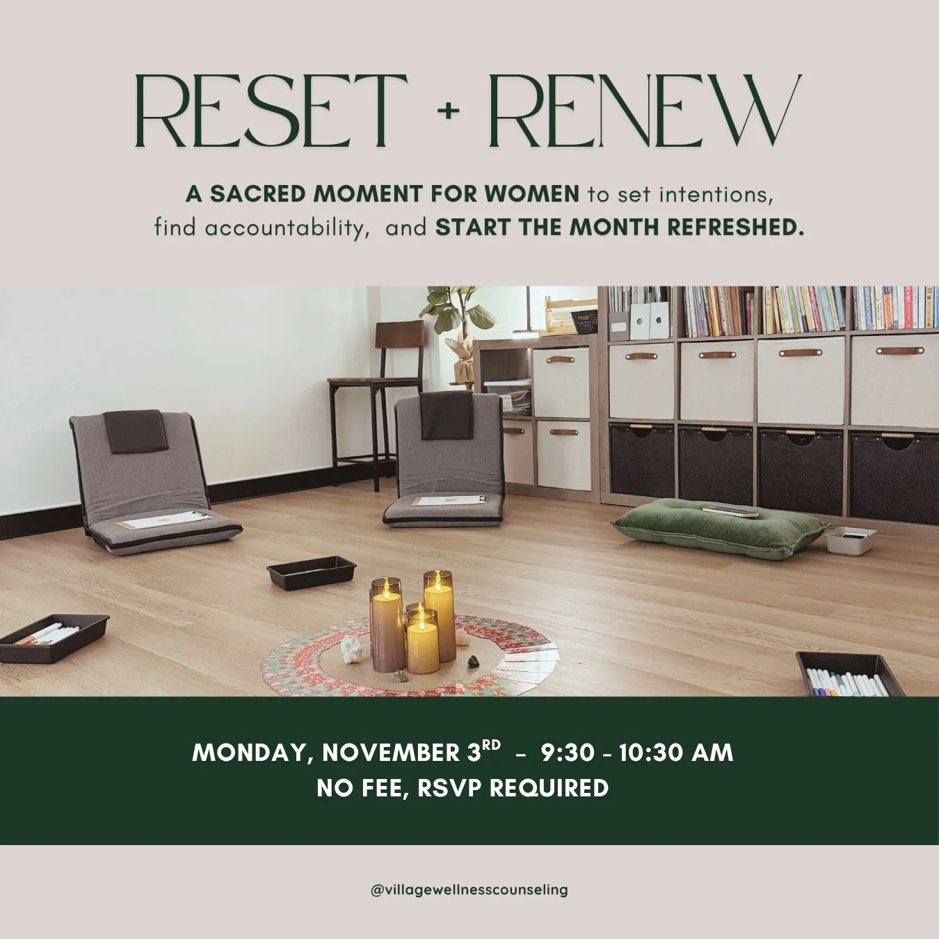 Experiencing life with more intention starts here. 

Join us on November 3, from 9:30 - 10:30 for the second installment of Reset + Renew. 

Space is limited, save your spot today! Use the link in our bio to register.