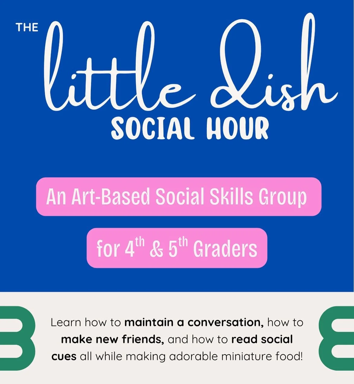 Something new is cooking!! 🍕🍧🍦

The Little Dish Social Hour helps kids in 4th and 5th grade practice confidence, connection, and communication &mdash; all while making adorable clay food art.

🧁 Mondays 4&ndash;5pm, starting Nov 10
👉 Space is li