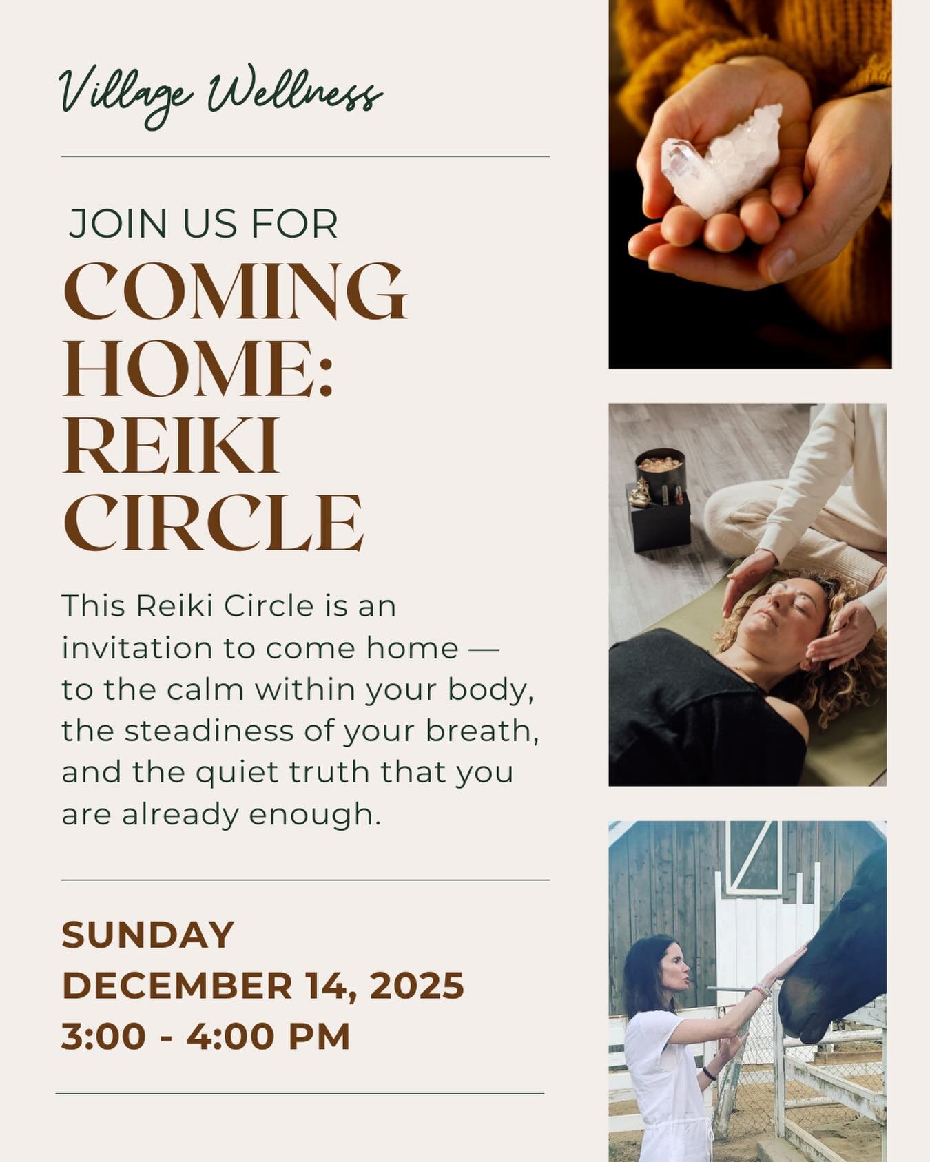 As the pace of the season quickens, this is your invitation to slow down and come home to yourself.
 Join us for Coming Home: Reiki Circle, a gentle afternoon of grounding, reflection, and healing energy.

Through guided meditation, Reiki, and quiet 