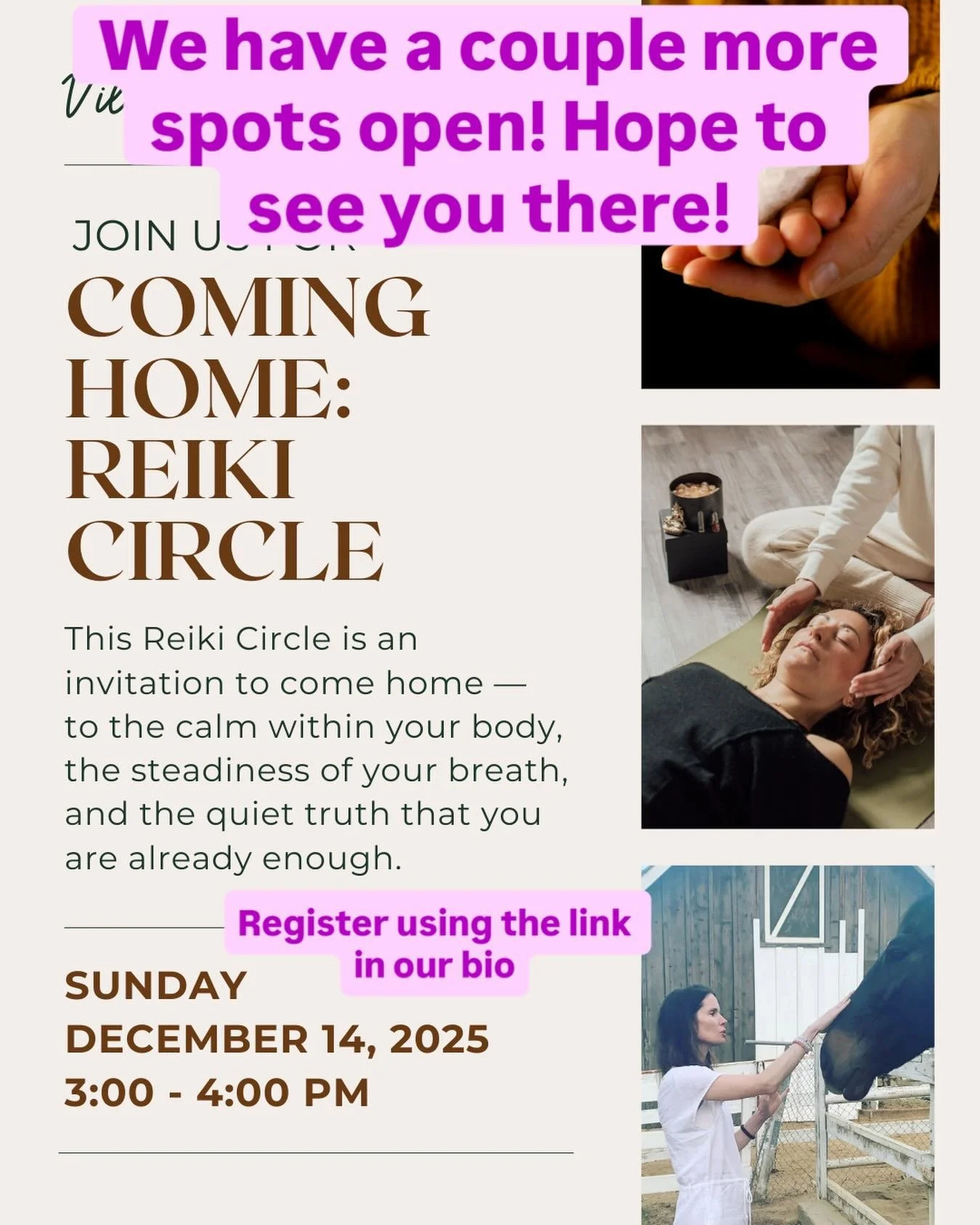 🎉🎉 ONLY A COUPLE SPOTS LEFT!

Join us for Coming Home: Reiki Circle, a gentle afternoon of grounding, reflection, and healing energy.

Through guided meditation, Reiki, and quiet intention-setting, you&rsquo;ll release the buildup of the year and r