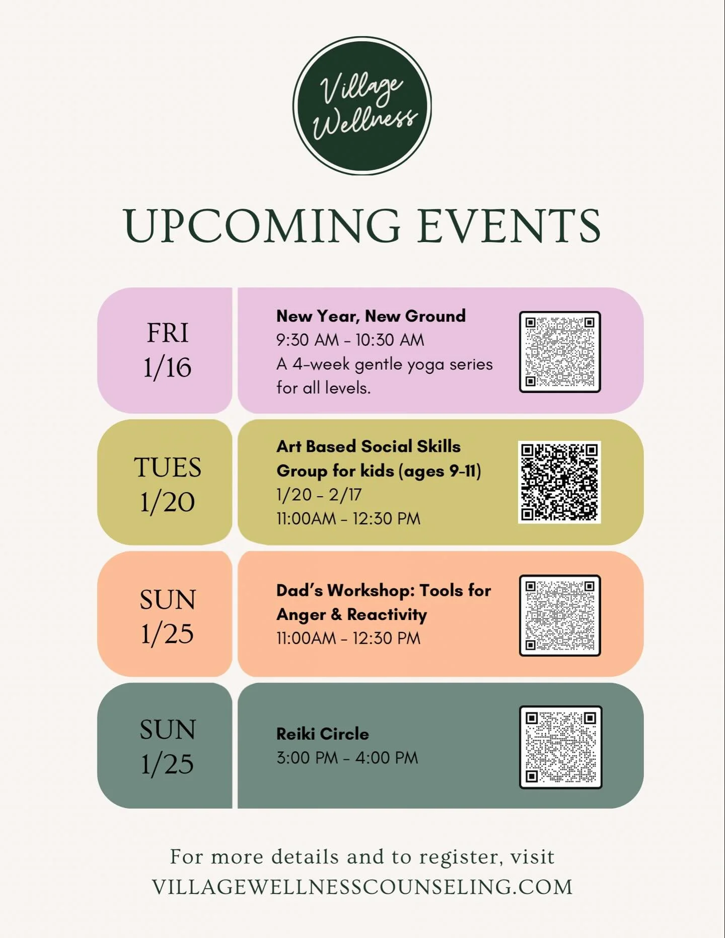 We&rsquo;ve got some amazing events coming up that you don&rsquo;t want to miss. 

Yoga on Fridays in January! 

The Little Creators Social Hour starts 1/20. 

And on 1/25 join us for a workshop just for dads and later that afternoon for reiki. 

Use