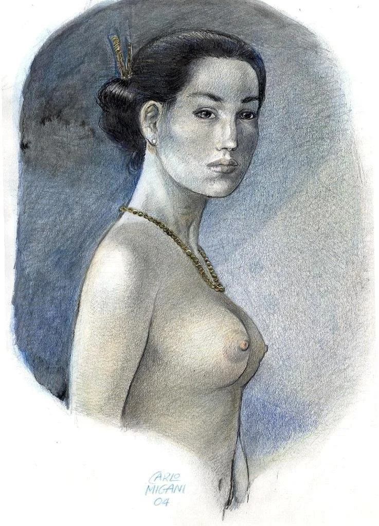 Ritratto (Gitan). Matite, china, acquarello, foglia oro su carta, 2004