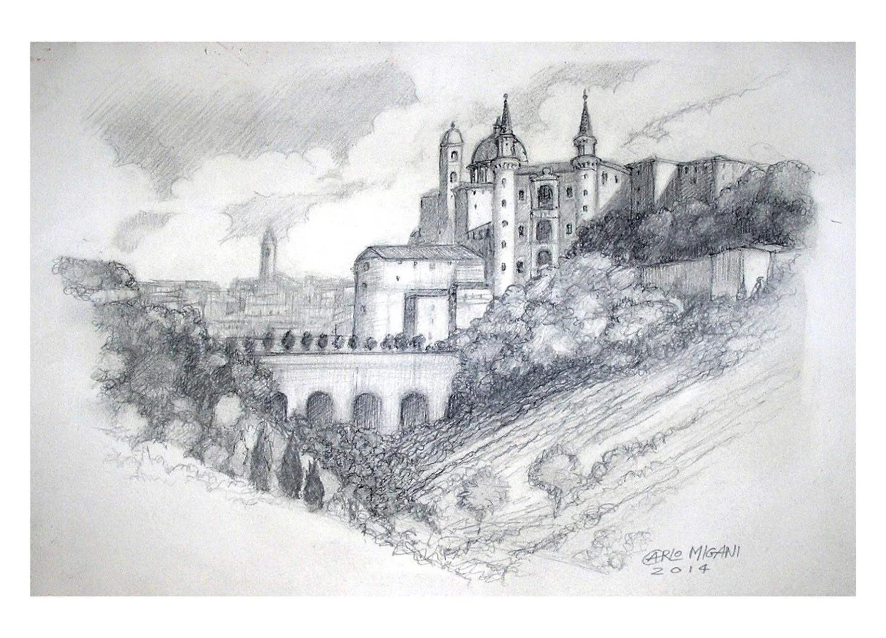 Urbino dalla strada rossa. Matite su carta, 2014
