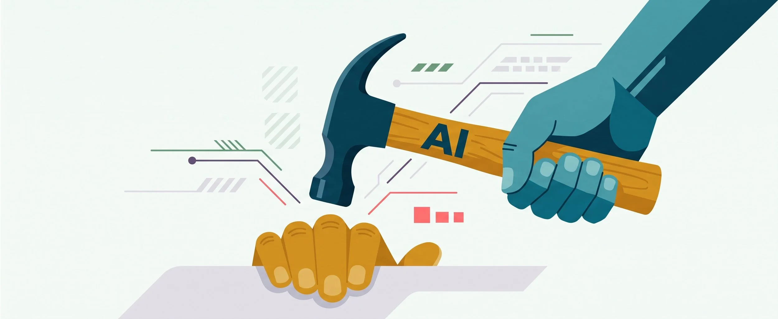 Banner image of an AI hammer landing on someone's thumbs