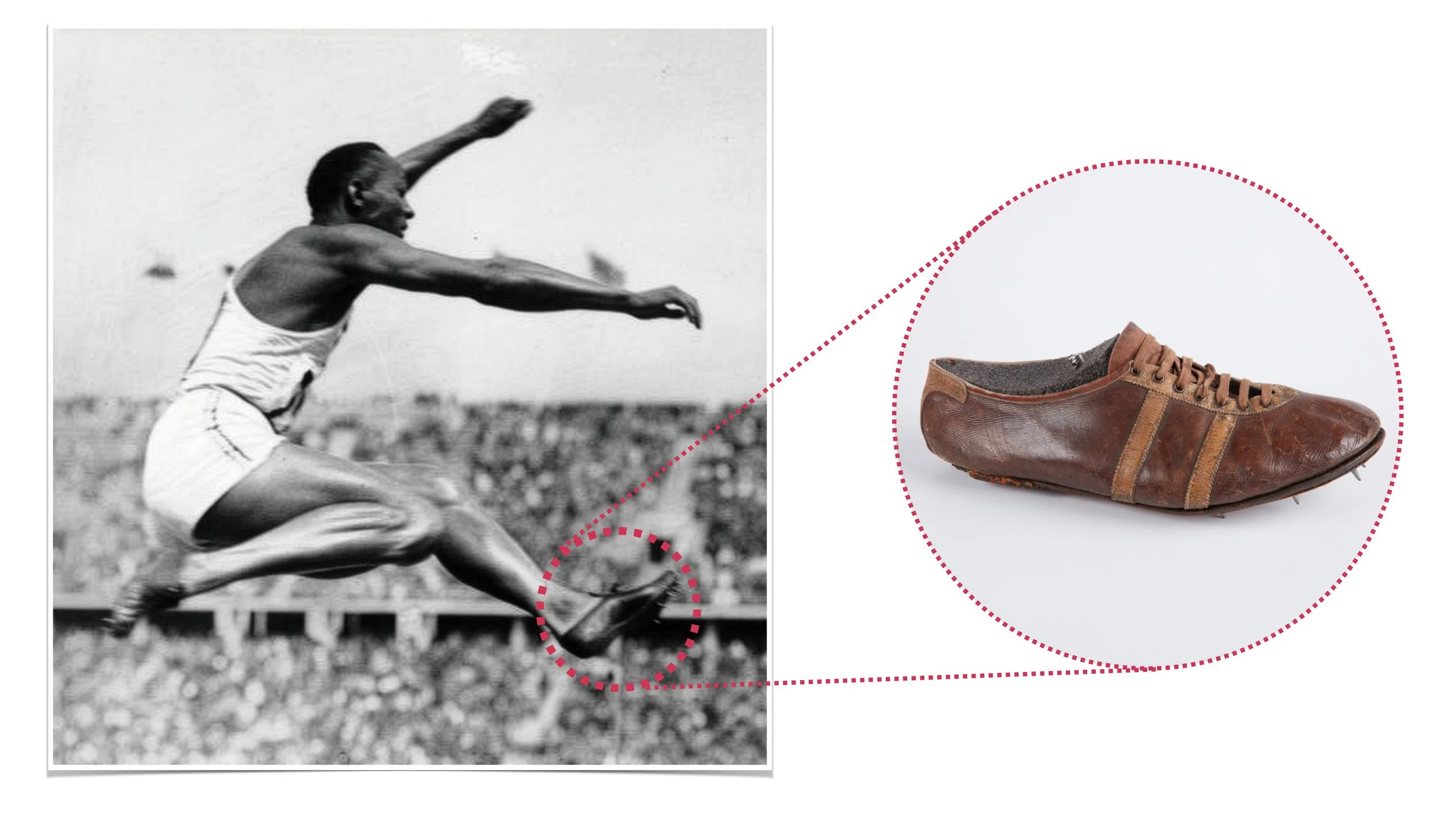 Image showing Jesse Owens at the Berlin Olympics and a closeup of the shoes he wore