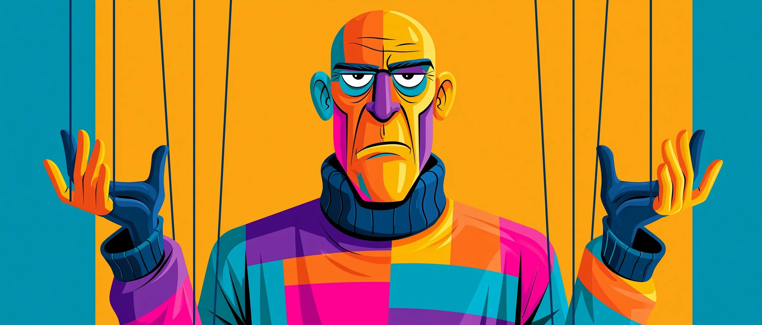 Banner image showing a puppeteer with a grim face, wearing a turtleneck