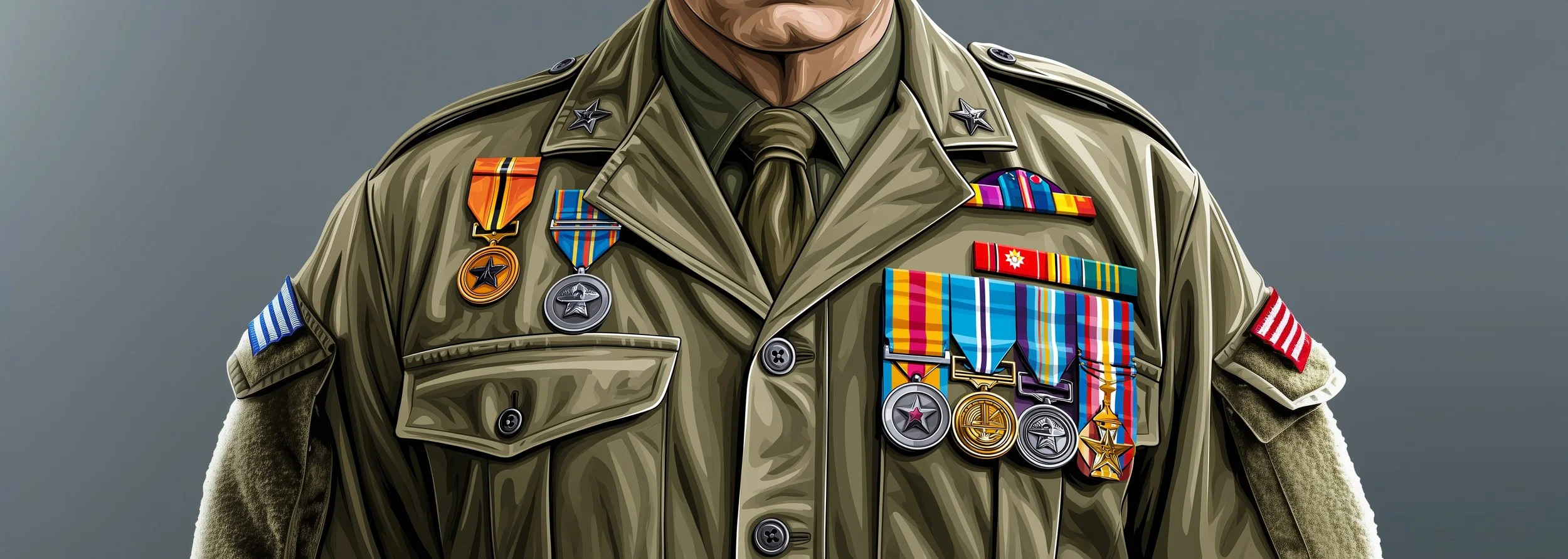 Banner image showing the chest of a man wearing an olive green shirt, with several badges on it