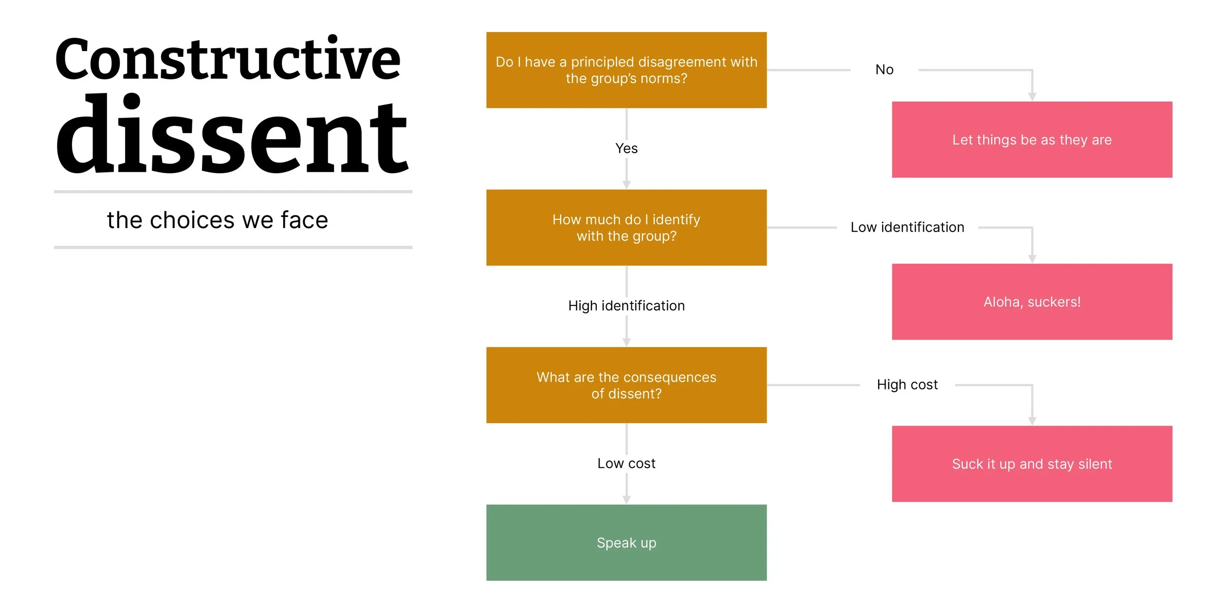 Flowchart showing the questions one asks themselves before they express dissent in a group
