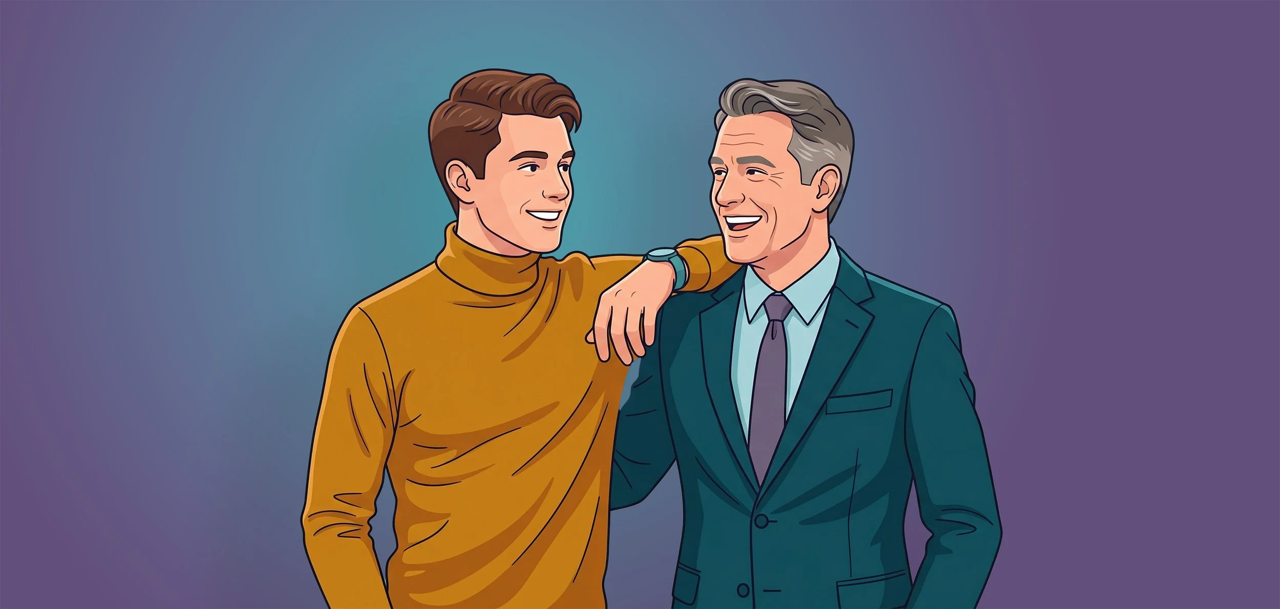 Banner image of a younger man with his hand over the shoulder of an older man