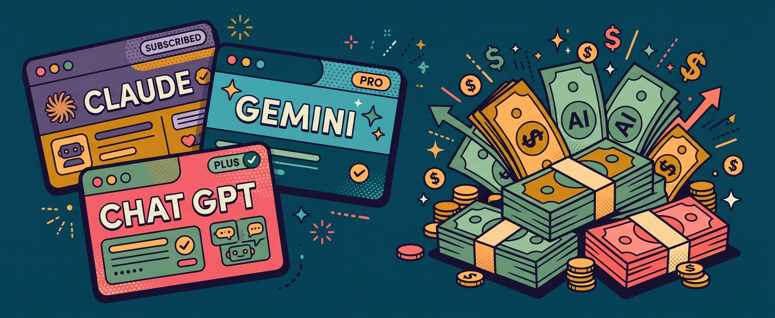 Banner image showing AI subscriptions and a pile of cash