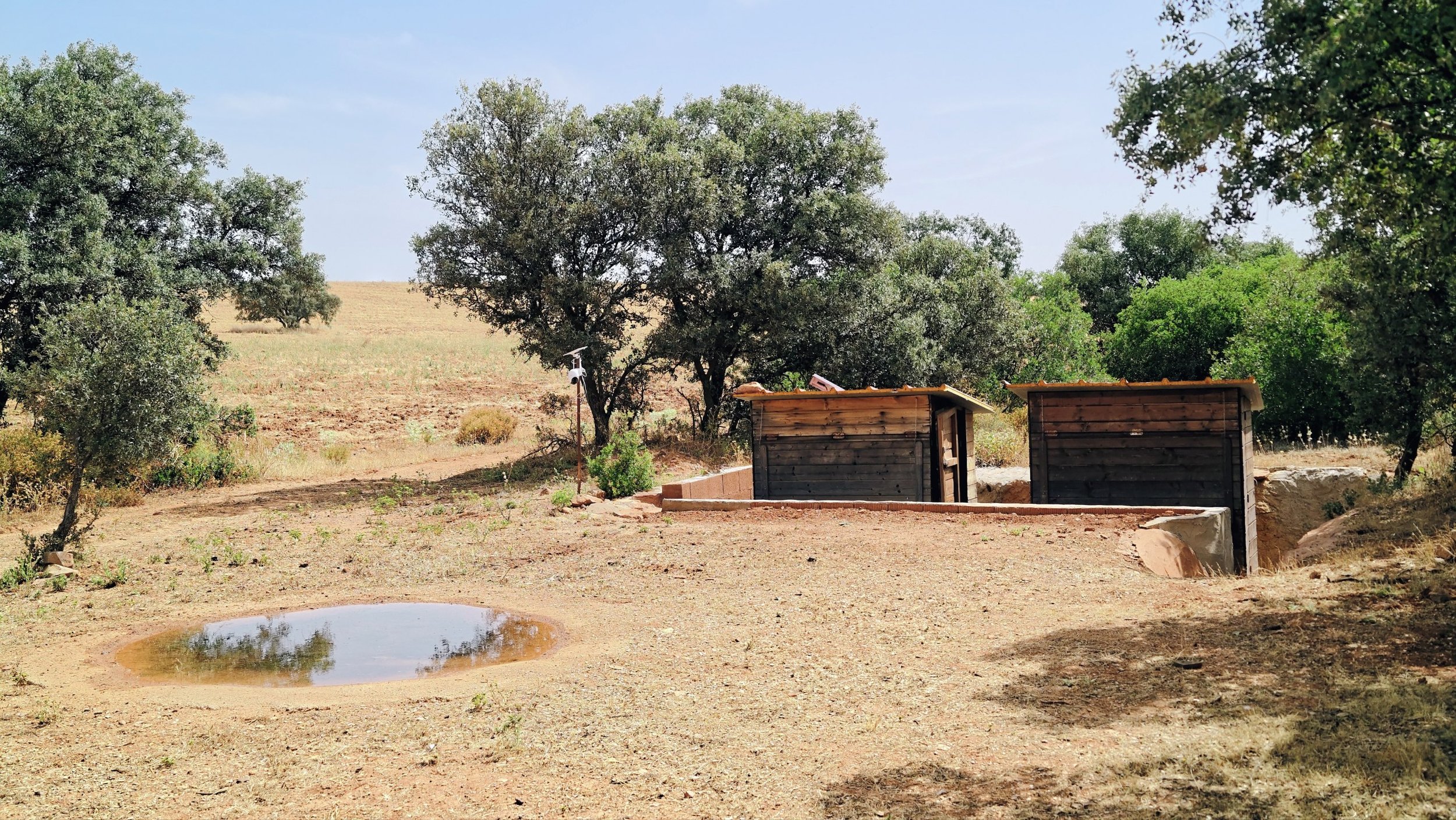 Photograph of two hides facing a pool of water