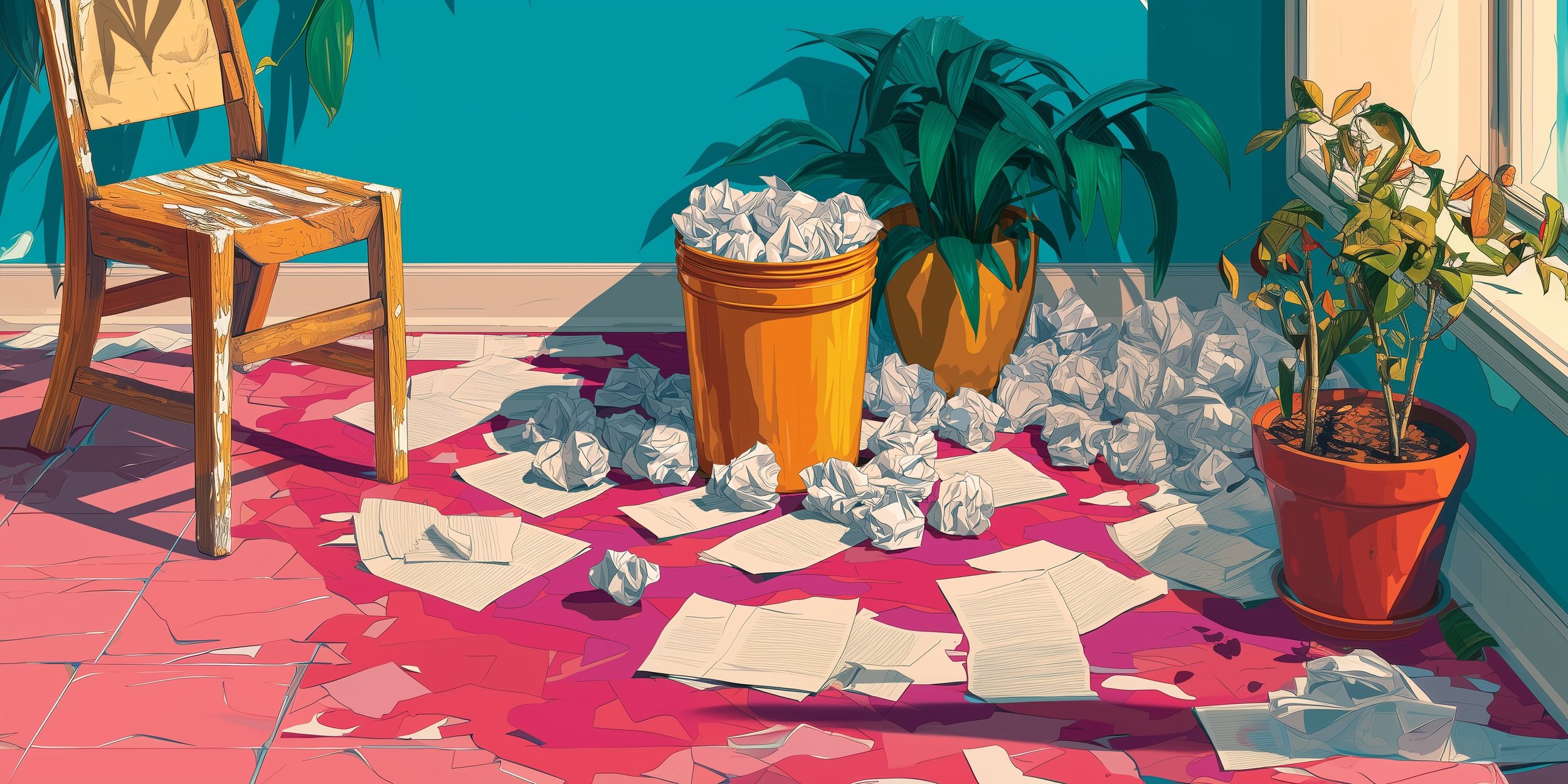 Banner image of a trash can full of crumpled paper, surrounded by more paper balls and discarded writing paper