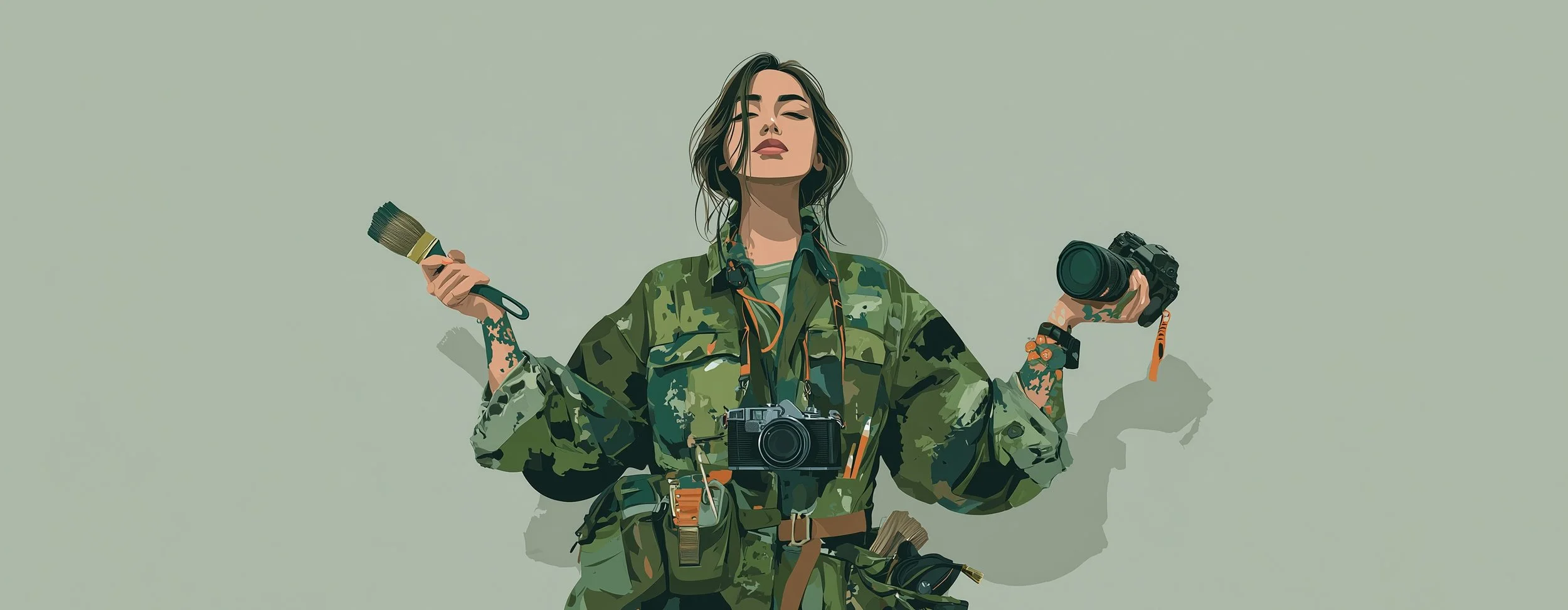 Banner image of a woman in camo with a paintbrush and cameras
