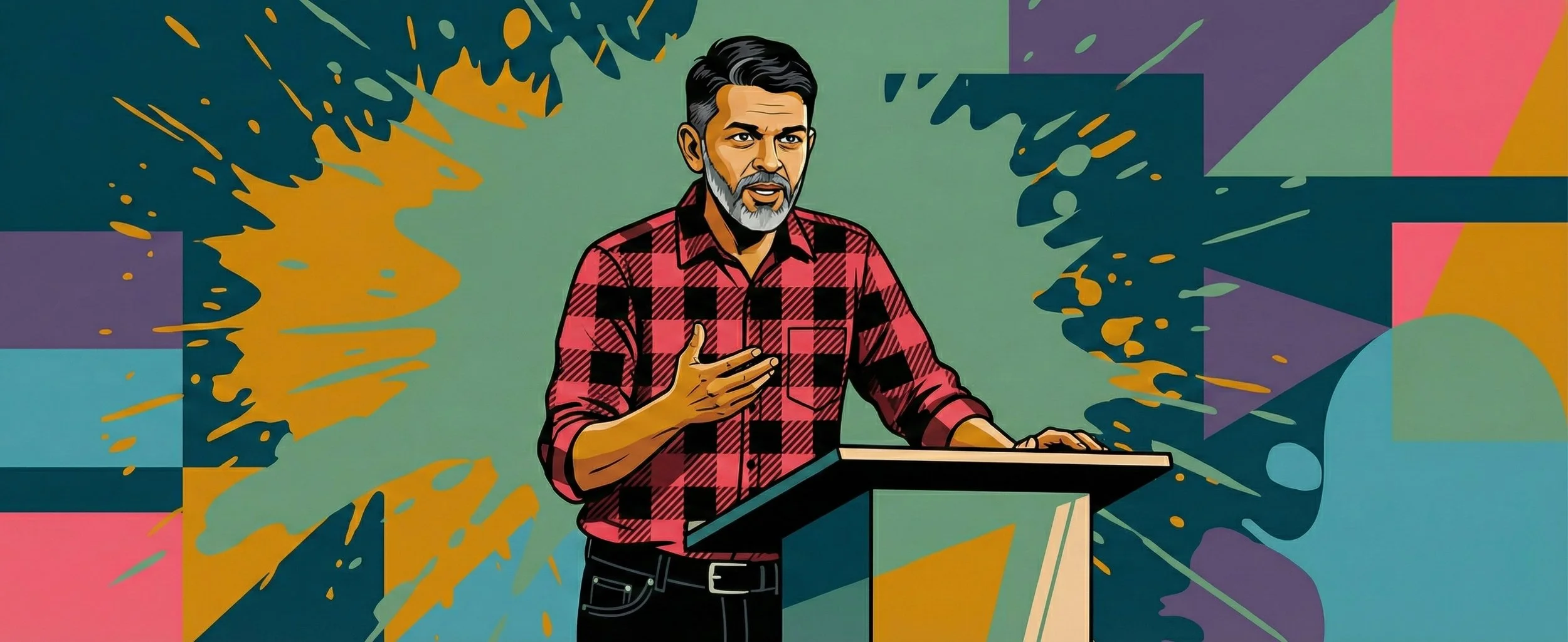 A banner image of a man speaking at a lectern