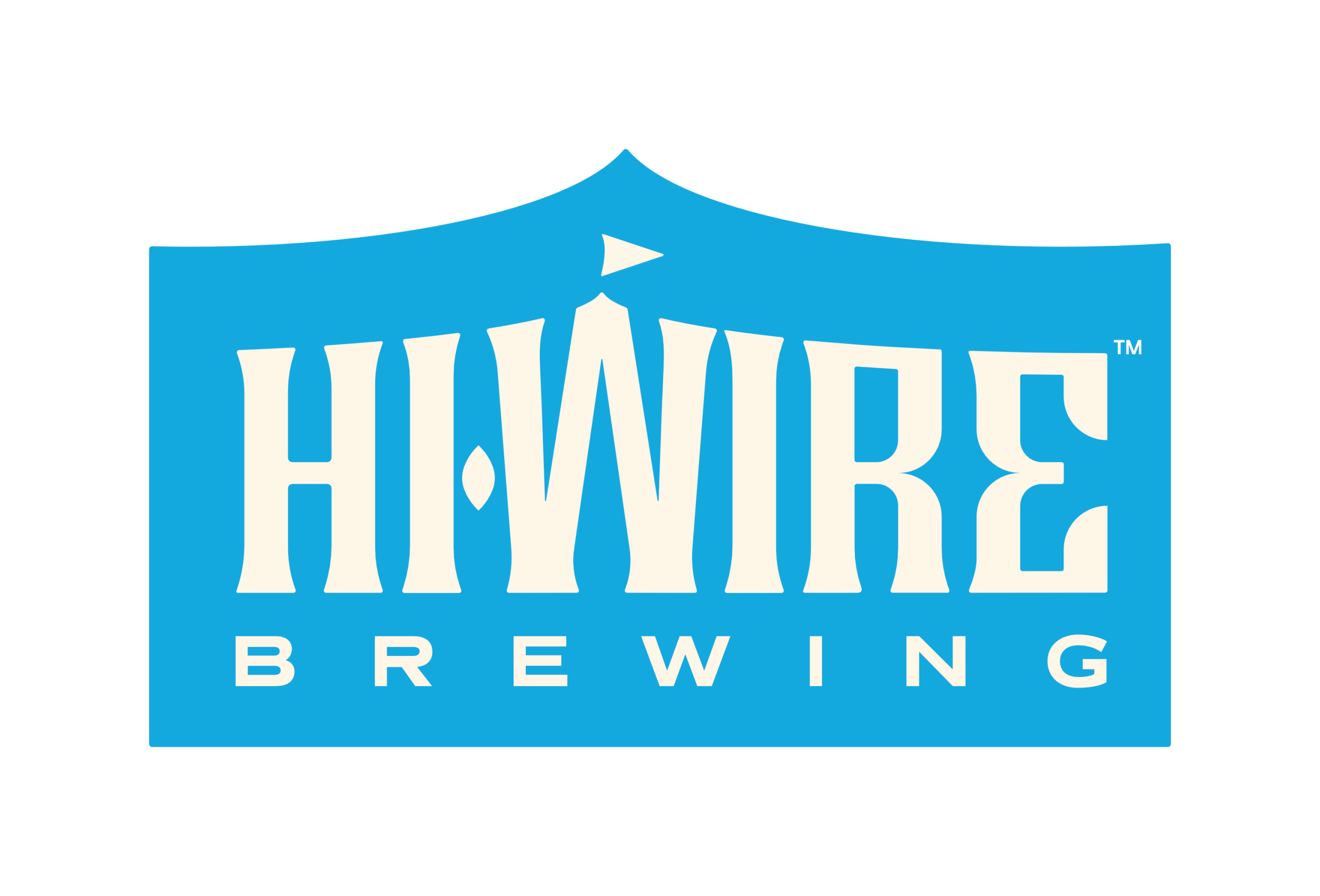 Logo of Hitching Brewing company in blue with white stylized text and a small white triangle above.