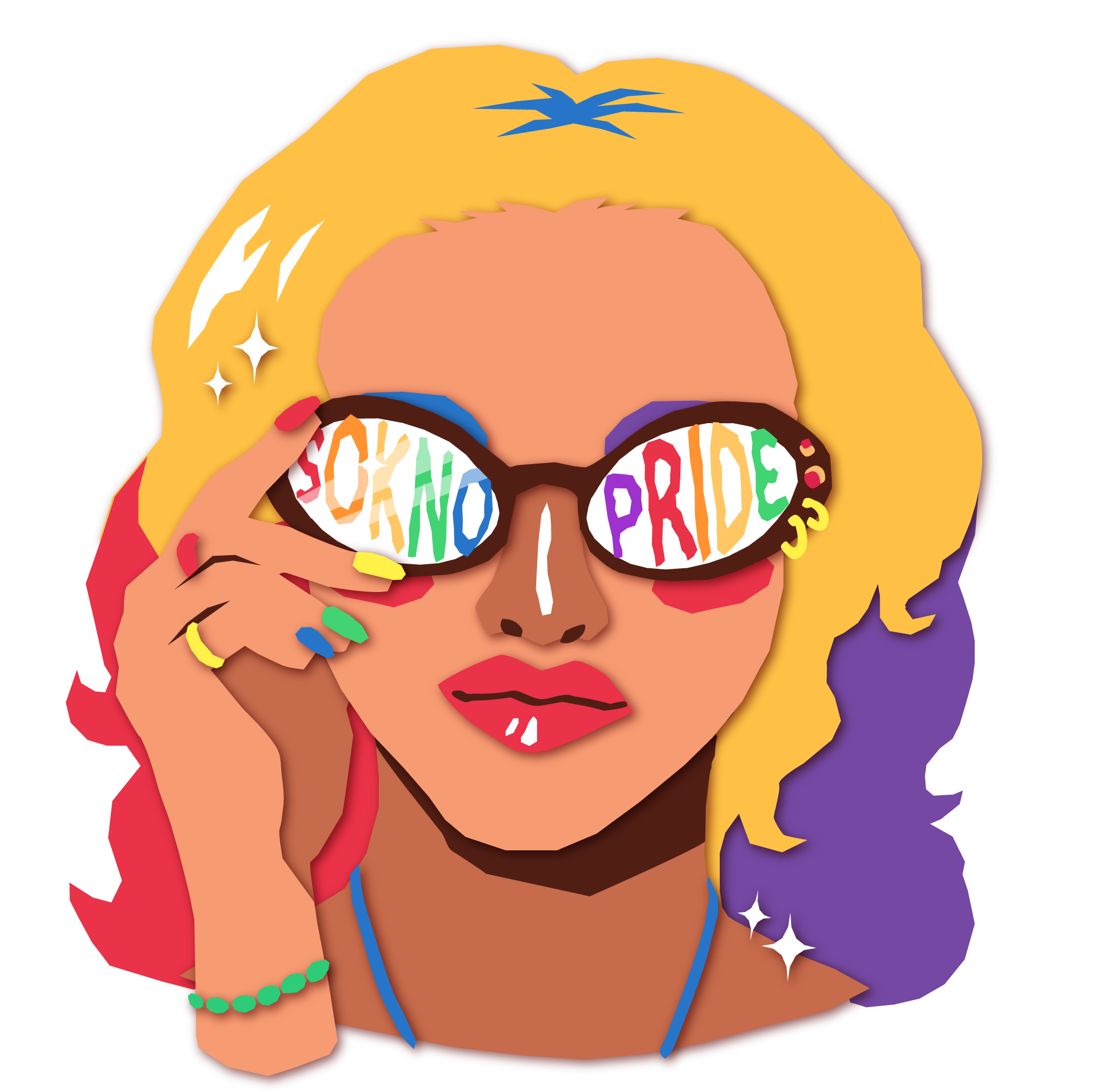 Colorful Pride illustration by local artist Heaven Hughes, featuring a fabulous person in rainbow nails and statement sunglasses reflecting the words ‘SoKno Pride.