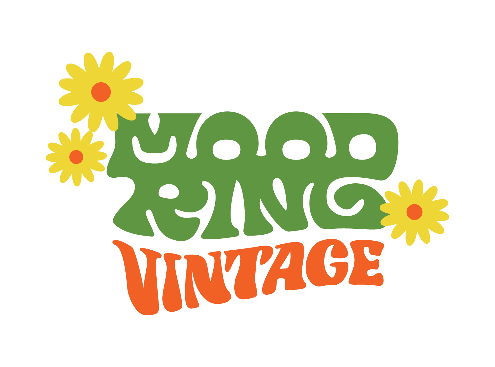 Colorful retro-style text saying 'Groovy Vintage' with yellow flowers around it.