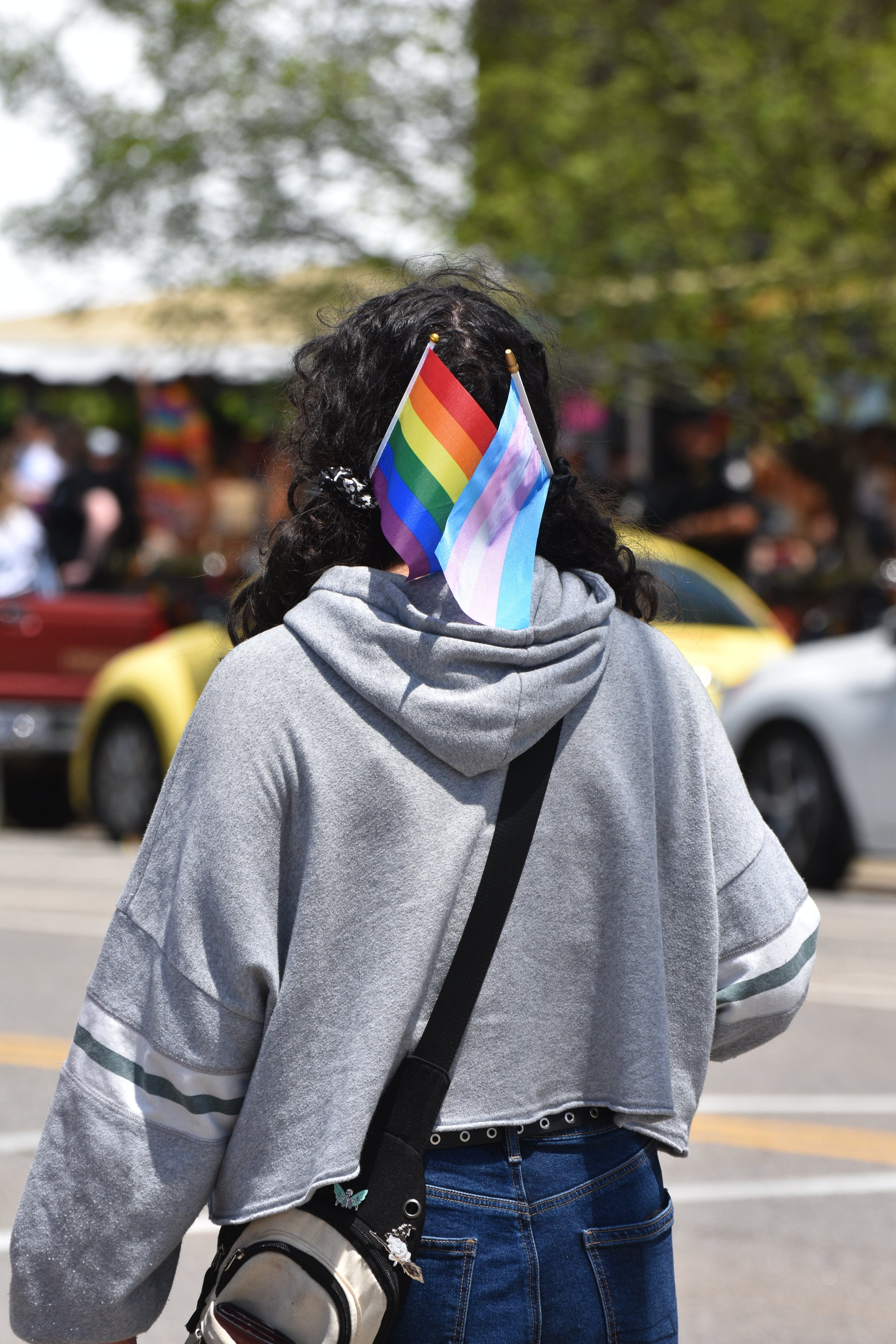 Pride attendee wearing rainbow and transgender Pride flags in their hair at SoKno Pride.