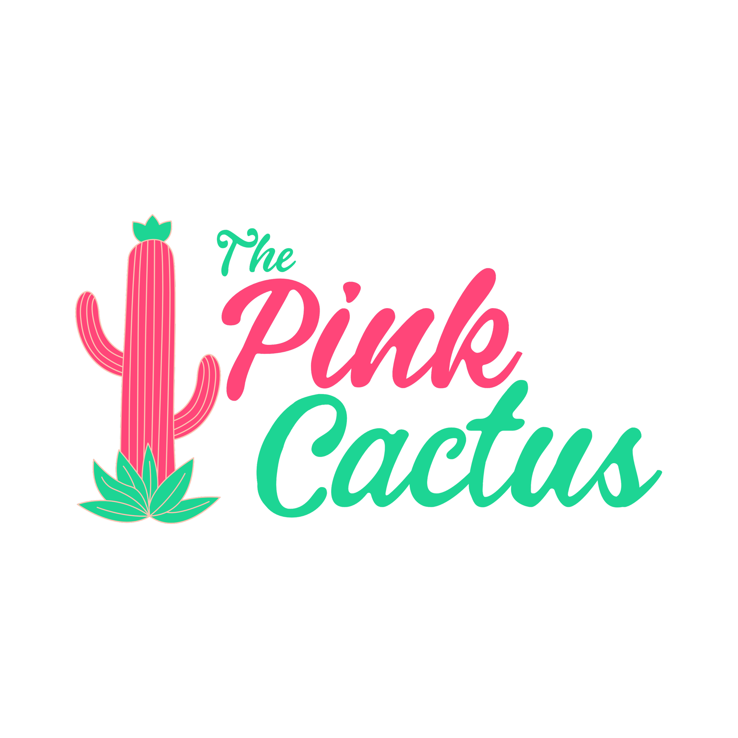 The phrase "The Pink Bubble" written in bright pink and teal cursive letters on a black background, with illustrations of pink and teal cacti.