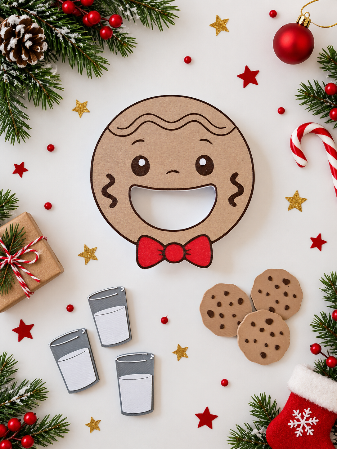 Sourire de pain d’épices festif entouré de décorations de Noël.png