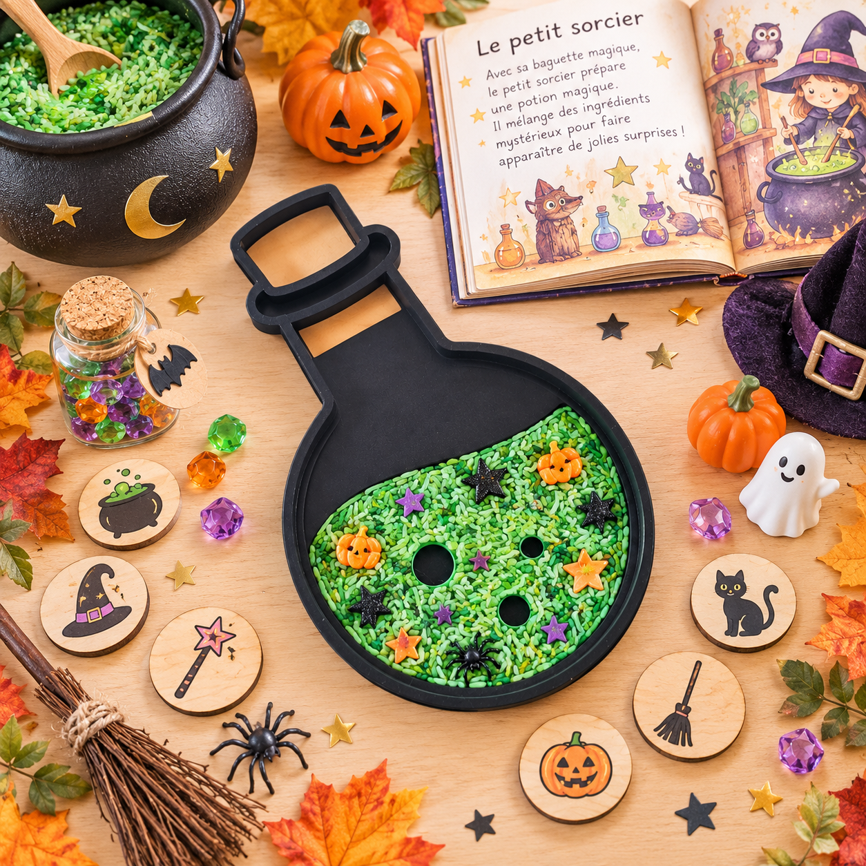 🧙‍♀️Plateau sensoriel Fiole potion magique, tri, comptage, transvasement