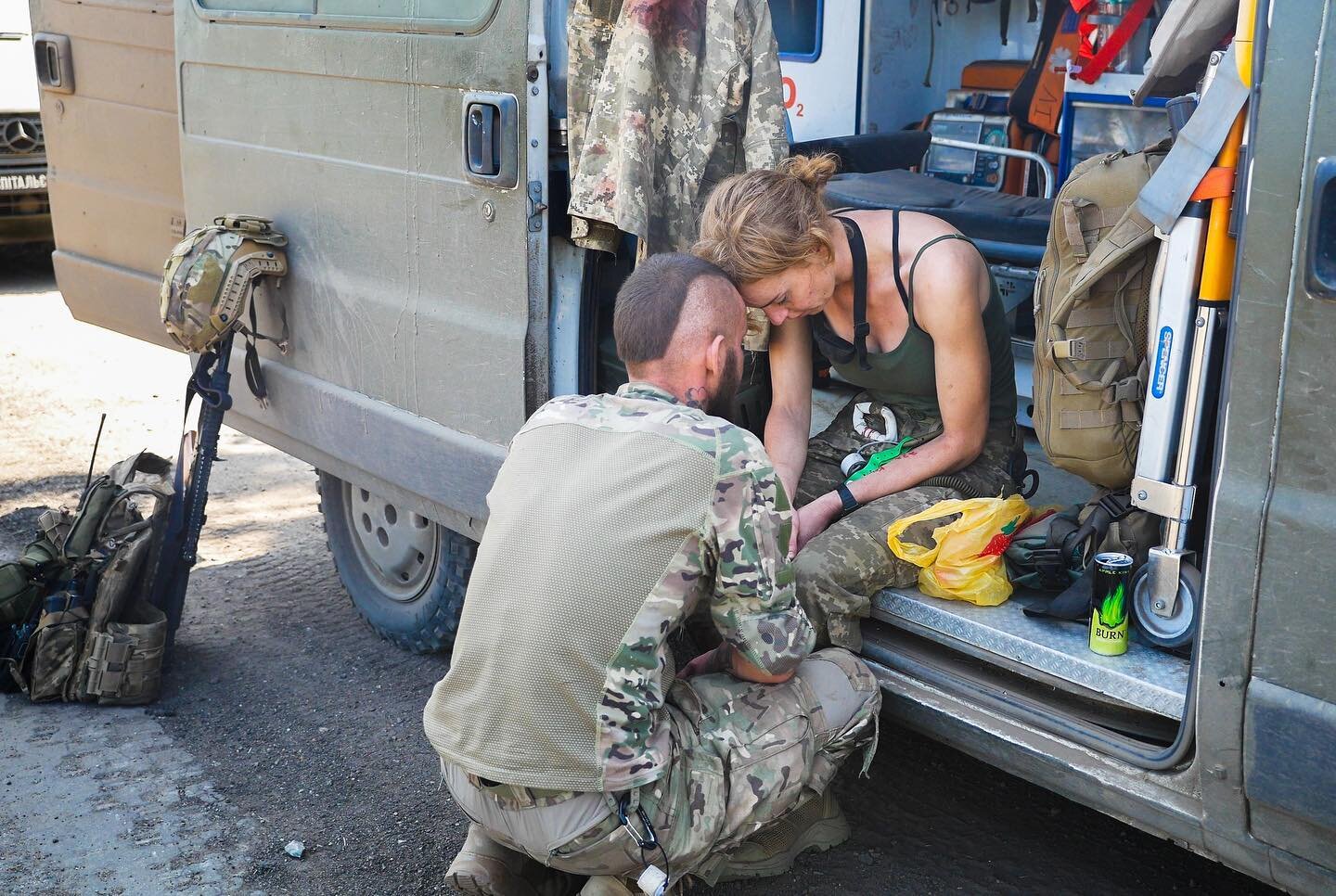 Medics Rebekah and Oleg rest after a long day evacuating Ukrainian soldiers from the frontline. Three of their teammates lost their lives doing the same. 
 
For a glimpse into a day in the life of combat medics supporting the Ukrainian counteroffensi